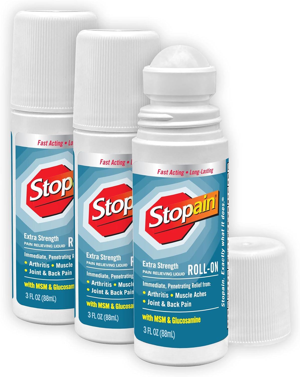Stopain Pain Relief Roll On Gel 3oz (3 Pack) USA Made Max Strength Fast Acting With MSM