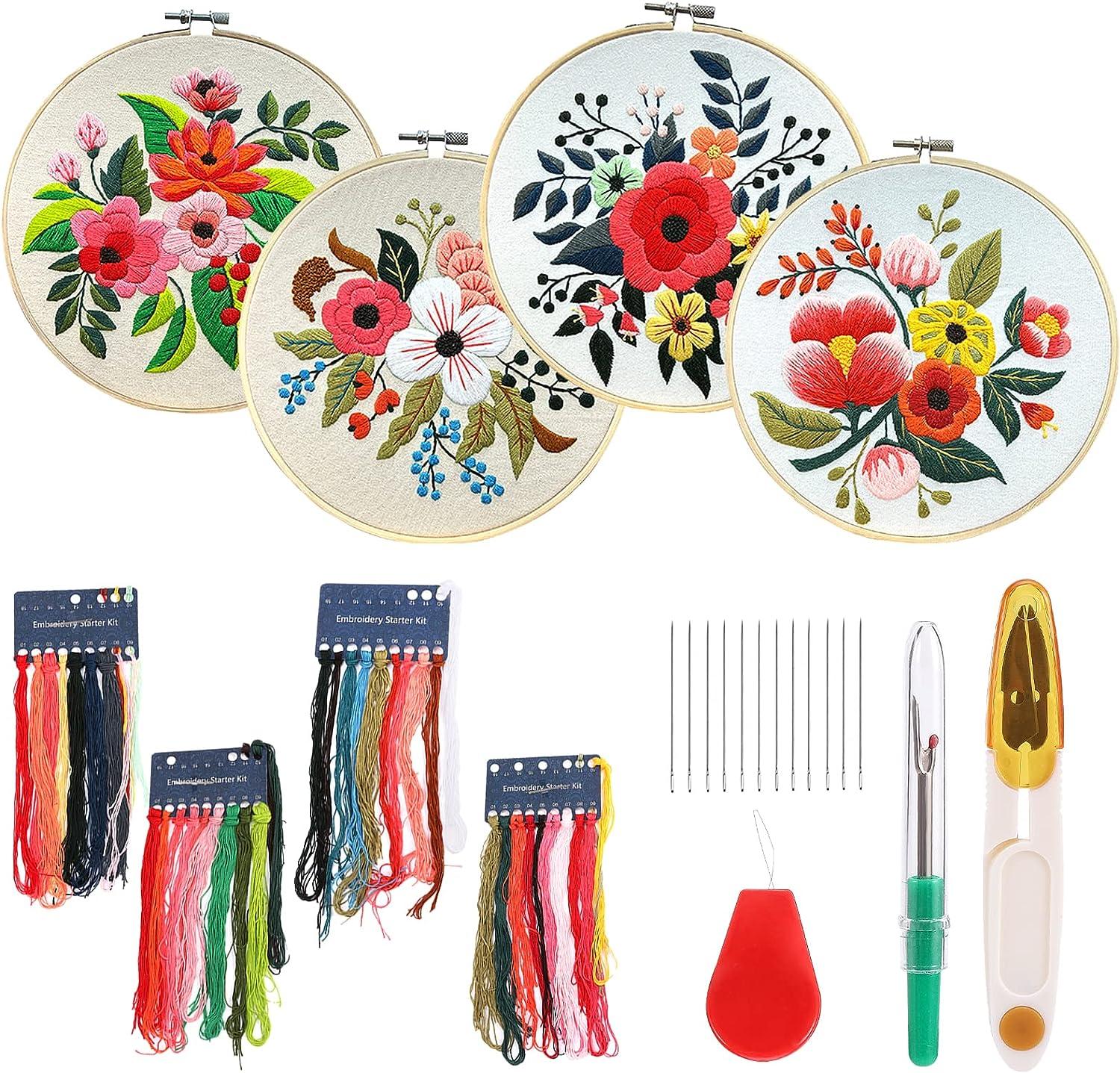 4 Sets Embroidery Kit for Beginners Art Craft Handy Sewing Include  Embroidery Clothes with Pattern, Hoops, Instructions,Color Threads Needle  Kit (Multi 1)
