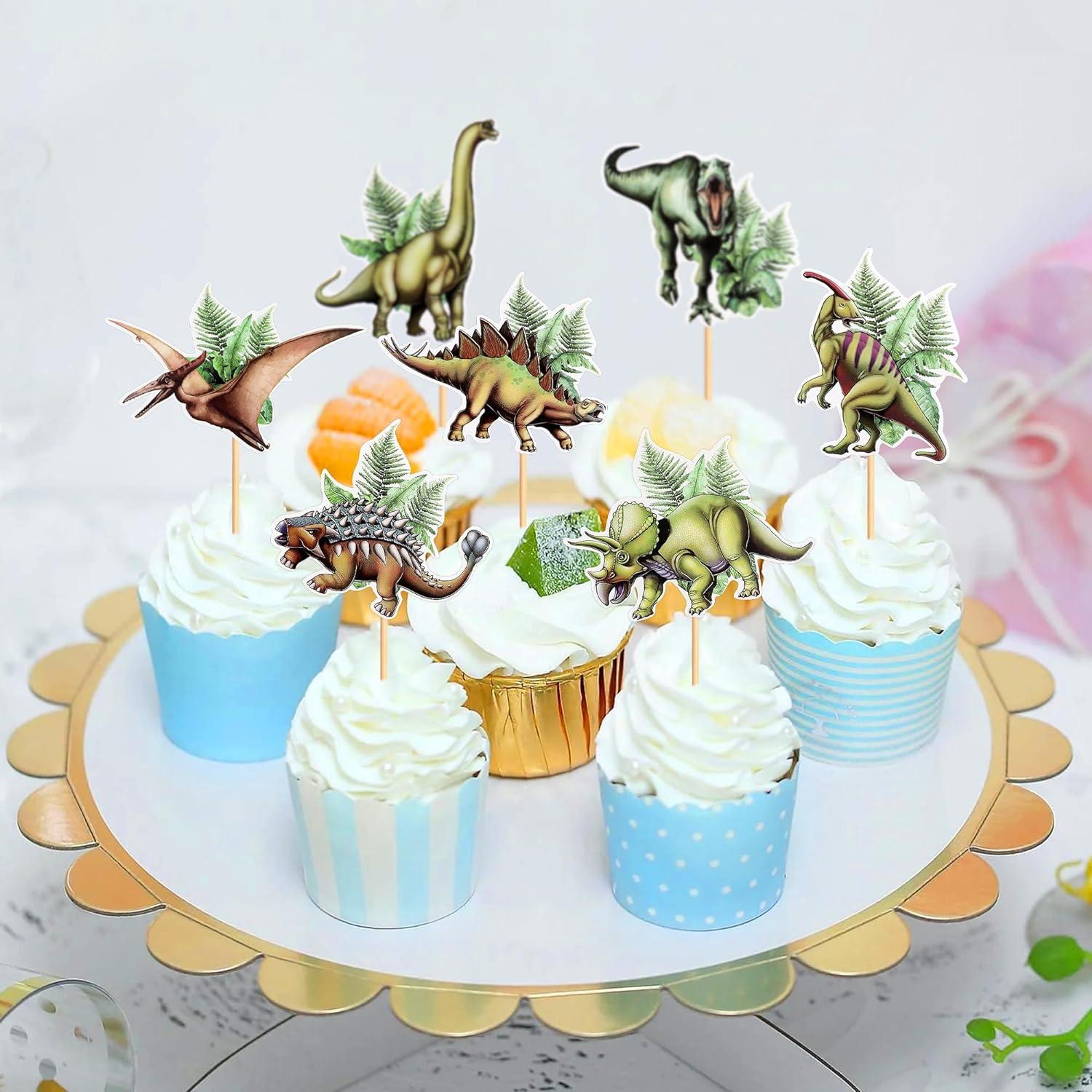 Gyufise 24Pcs Dinosaur Cupcake Toppers Glitter 3 Rex Roar Dinosaur