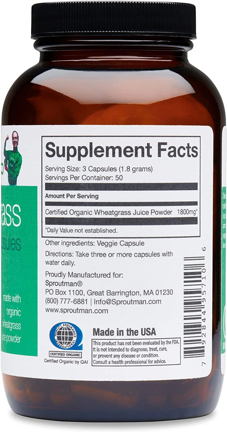 Organic Wheatgrass Juice Powder Capsules by Sproutman 100 Pure