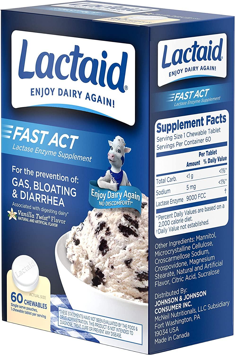 Lactaid Fast Act Lactose Intolerance Chewables with Lactase Enzymes, Vanilla, 60 Count