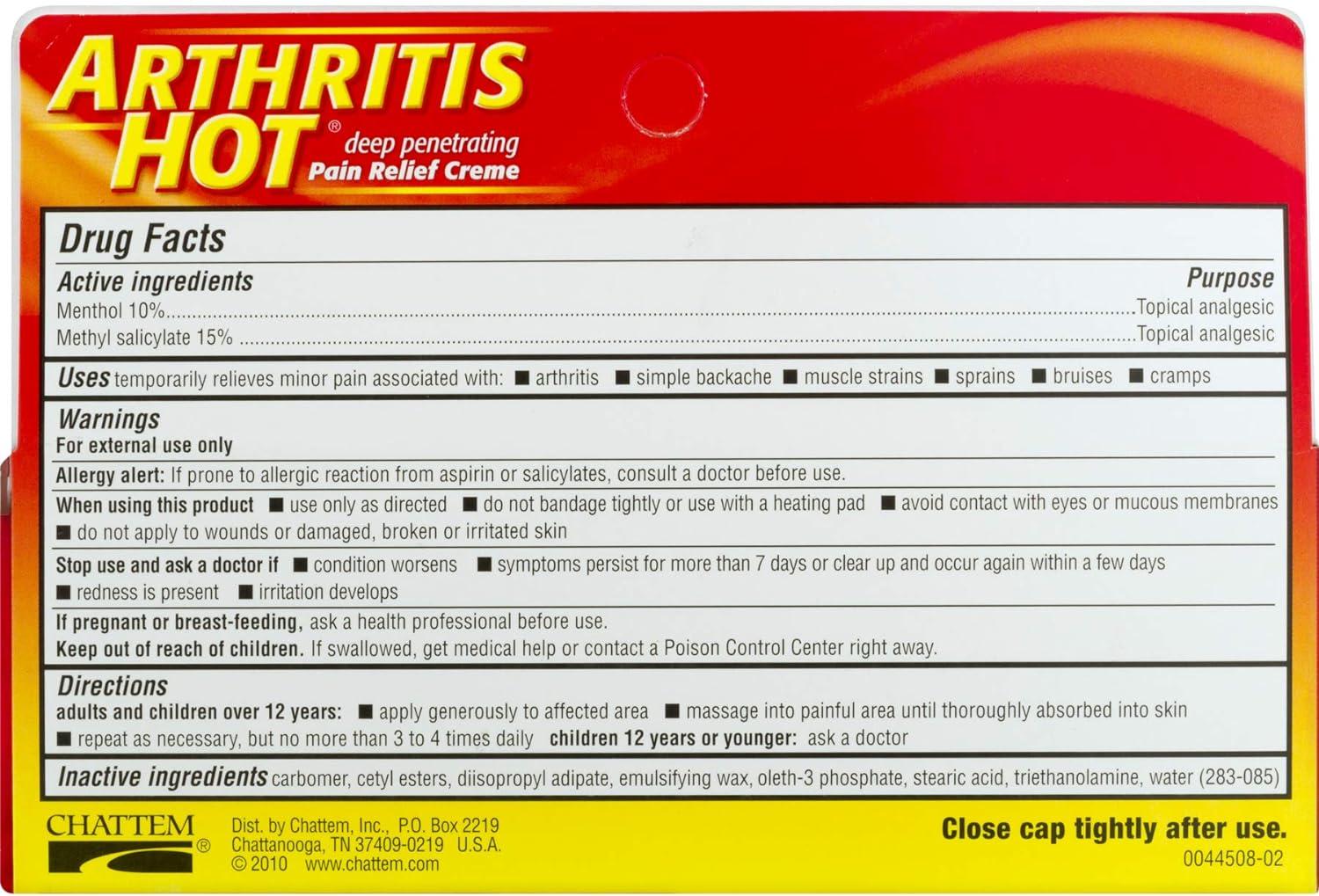 Arthritis Hot Pain Relief Creme 3 oz Fast Relief for Arthritis Pain
