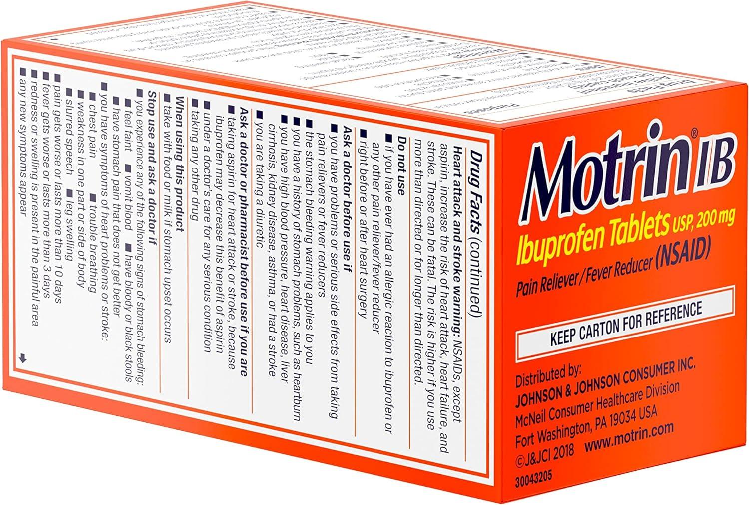 Motrin IB Ibuprofen 200mg Tablets Pain Reliever & Fever Reducer for