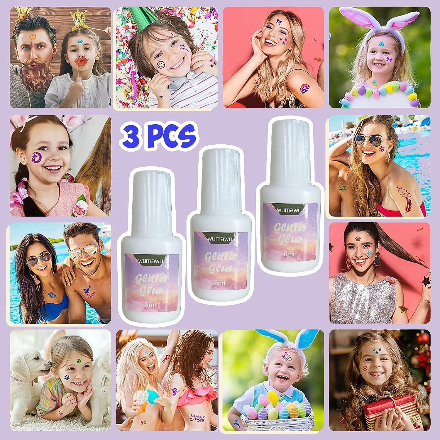 3 PCS Skin Glue for Glitter Tattoos, 8ml Glitter Glue Brush Bottle,  Water-Soluble Glitter Tattoo Glue, Ideal for Halloween, Carnival, Theme  Parties