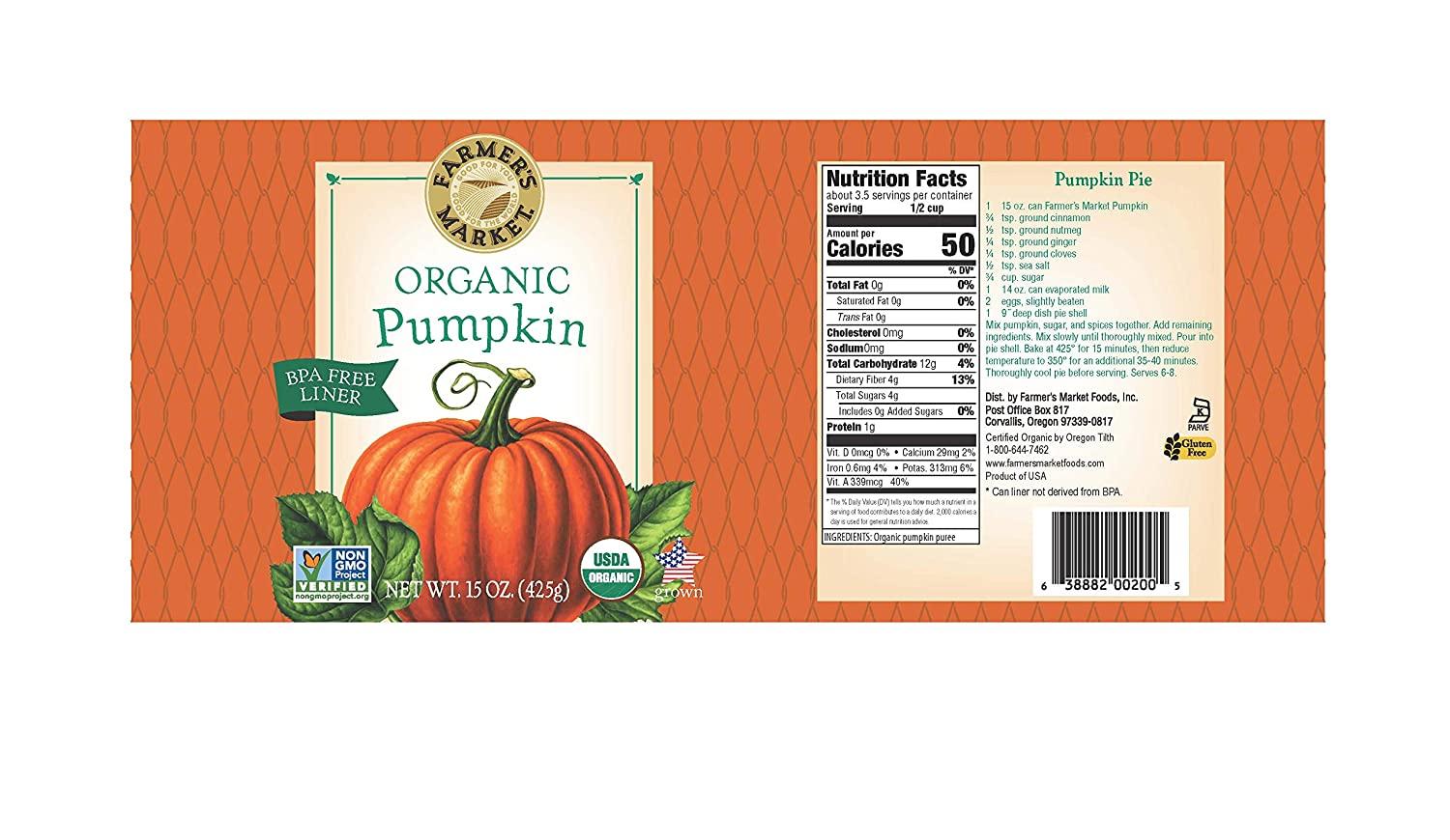 Farmer's Market Foods Canned Organic Pumpkin Puree, 15 Ounce ...