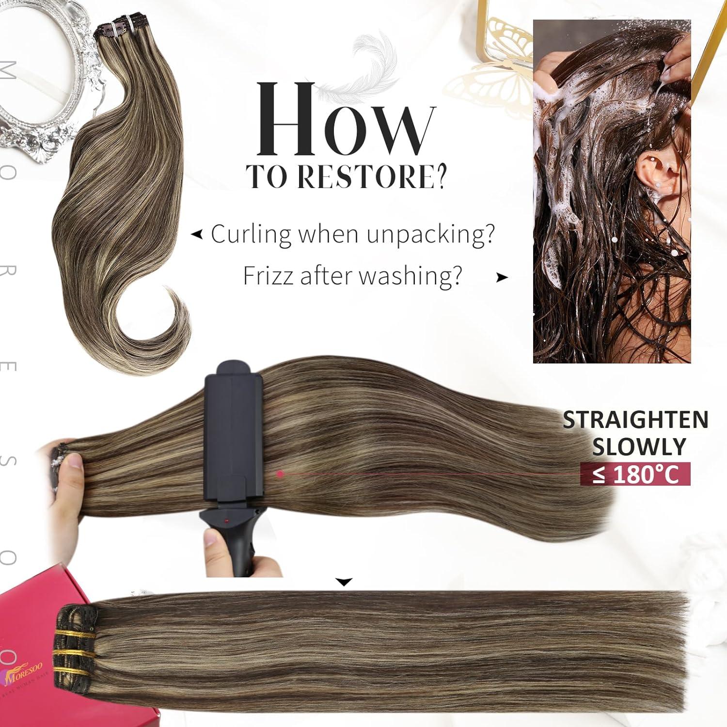 Moresoo Clip in Hair Extensions Real Human Hair Dark Brown with