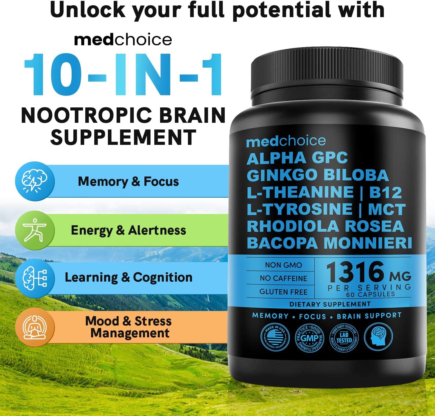 10in1 Nootropic Brain Supplements for Memory and Focus with Ginkgo