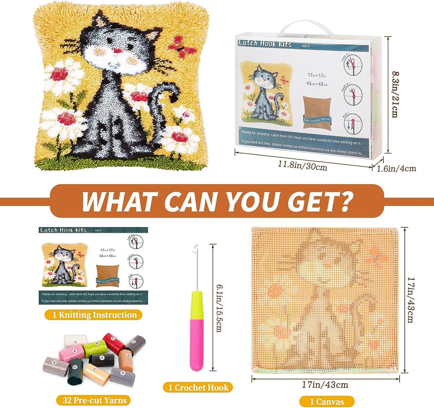 Cat on Bookshelf Latch Hook Rug Kits for Adults and Starter DIY Cross  Stitch Latch Hook Rug Sofa Seat Cushion Crocheting Kits with Preprinted  Pattern