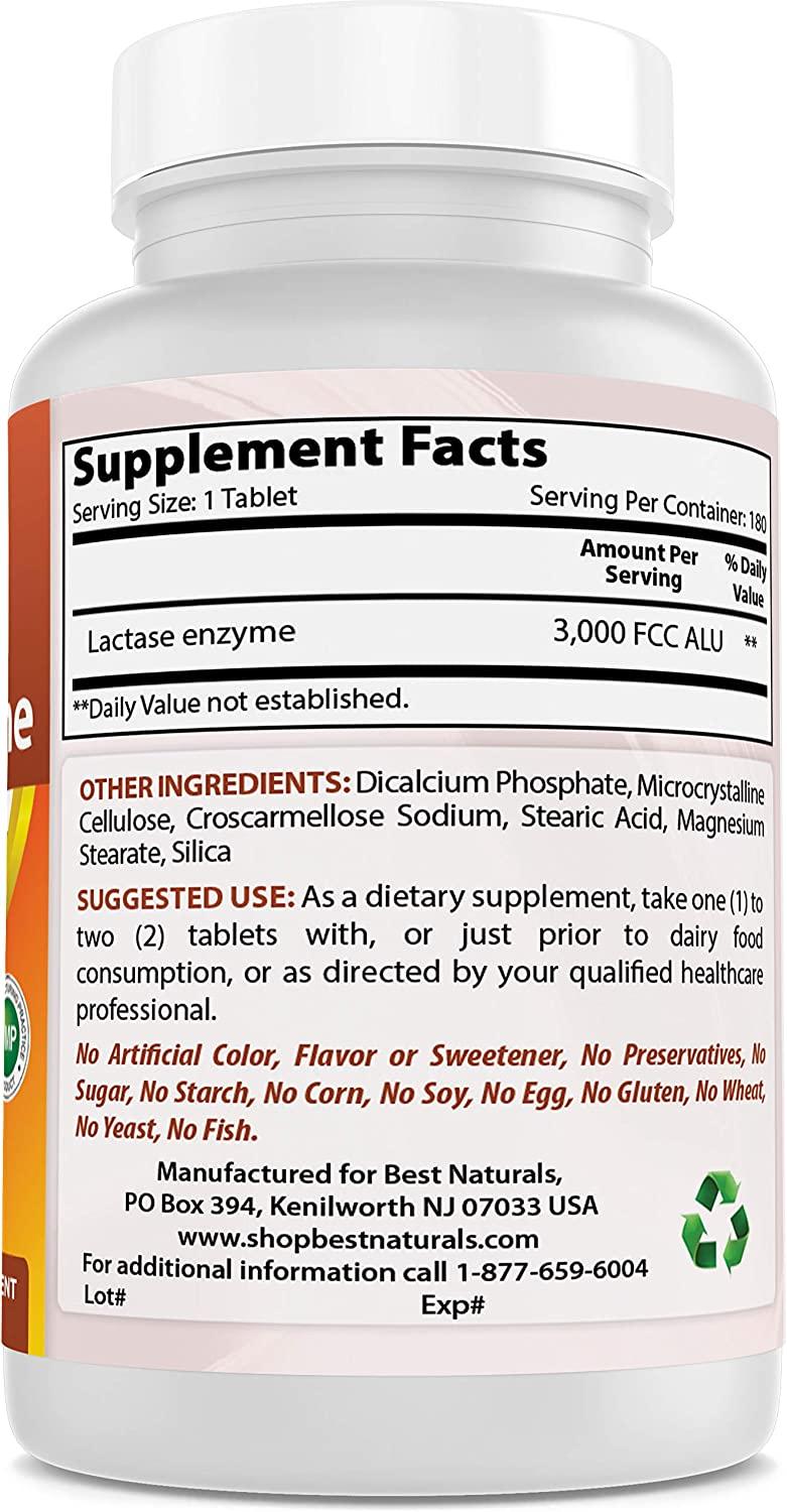 Best Naturals Fast Acting Lactase Enzyme Tablet, 3000 Fcc Alu, 180