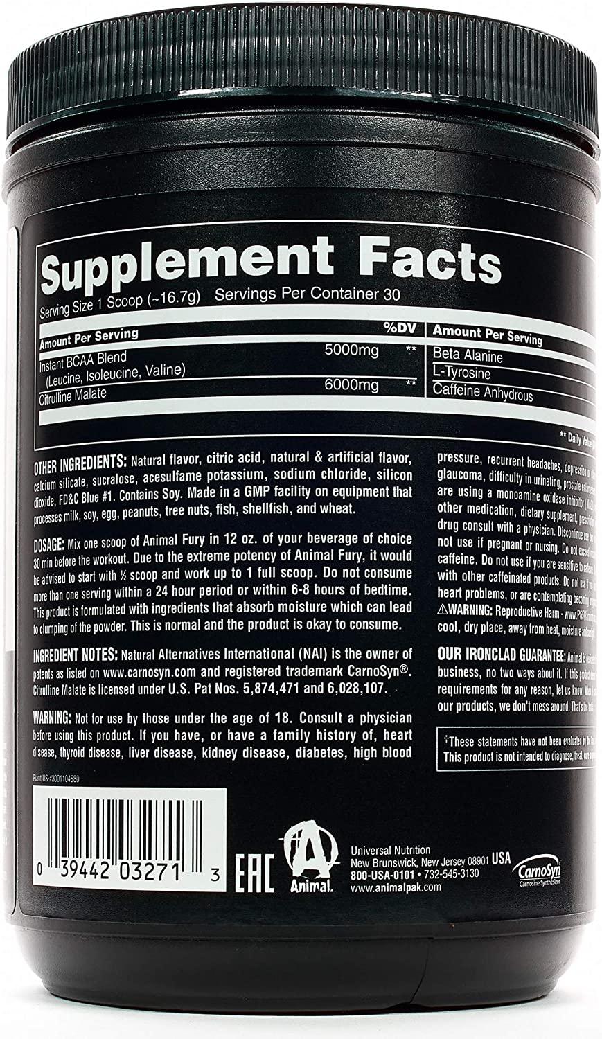 Animal Fury - Pre Workout Powder Supplement for Energy and Focus - 5g BCAA,  350mg Caffeine, Nitric Oxide, Without Creatine - Powerful Stimulant for  Bodybuilders - Ice Pop - 30 Servings Ice Pop  Pound (Pack of 1)