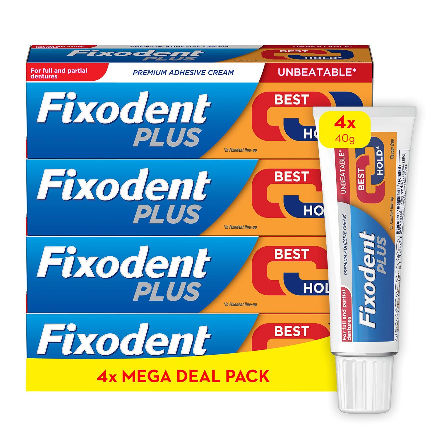 Fixodent Plus Denture Adhesive Cream 40g x 4 Pack Premium Hold Up to