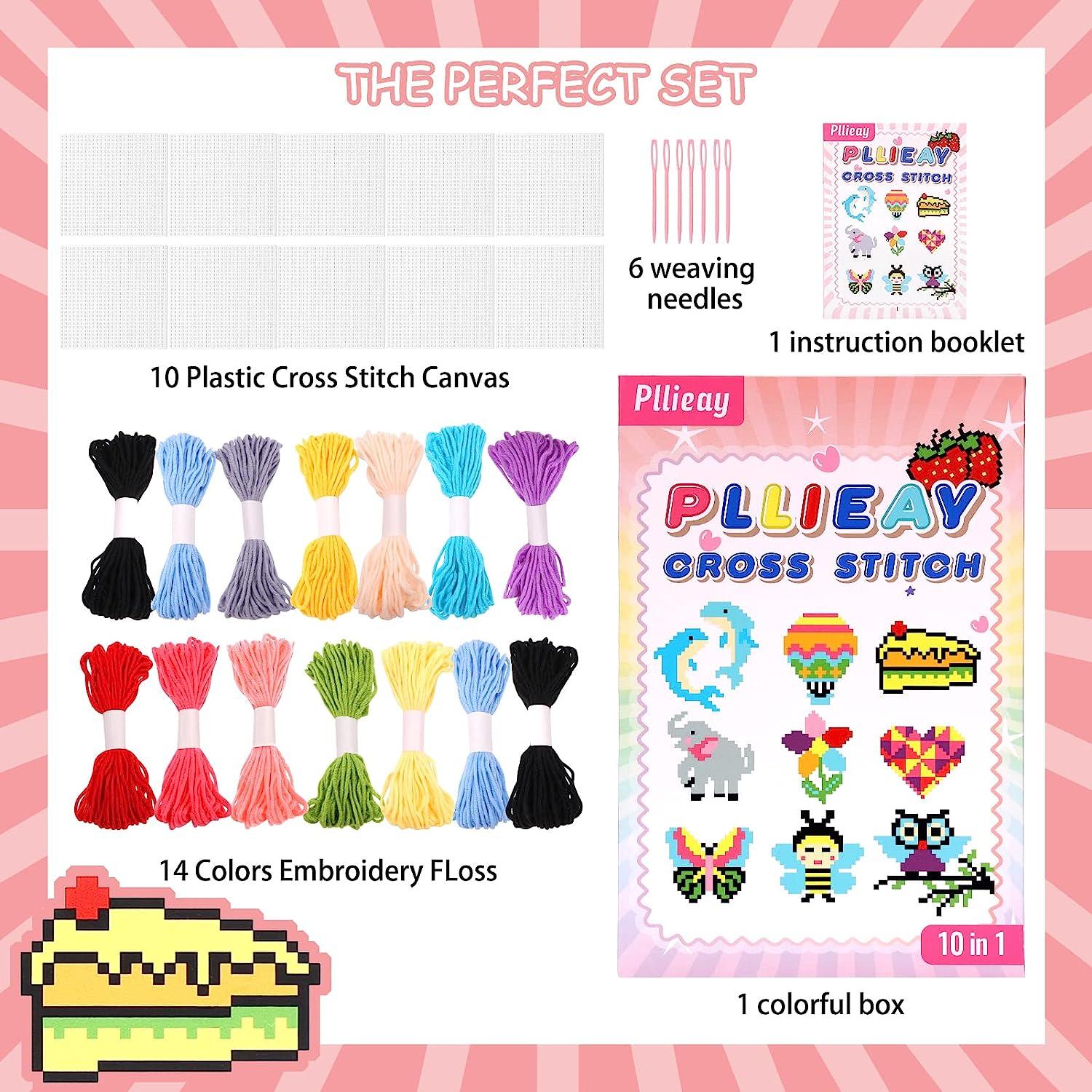 Pllieay Cross Stitch Beginner Kit for Kids 7-13, Includes 6pcs Project  Cross Stitch Pattern and 2pcs Hoops, 12 Skeins, Needle Point Starter Kit  Sewing