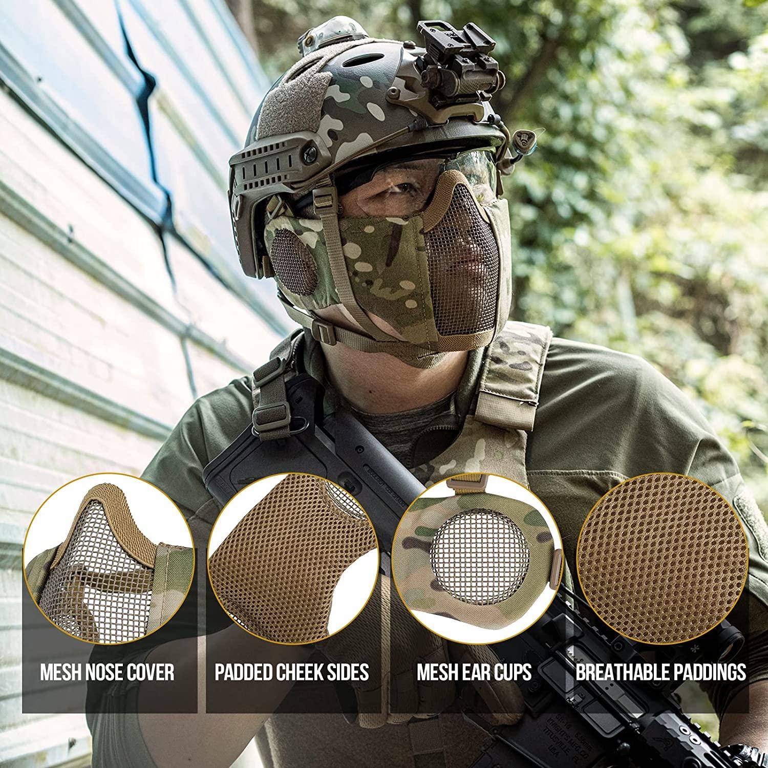 OneTigris 6" Half Mesh with Ear Protection, Military Tactical Lower Face Protective Mask Multicam