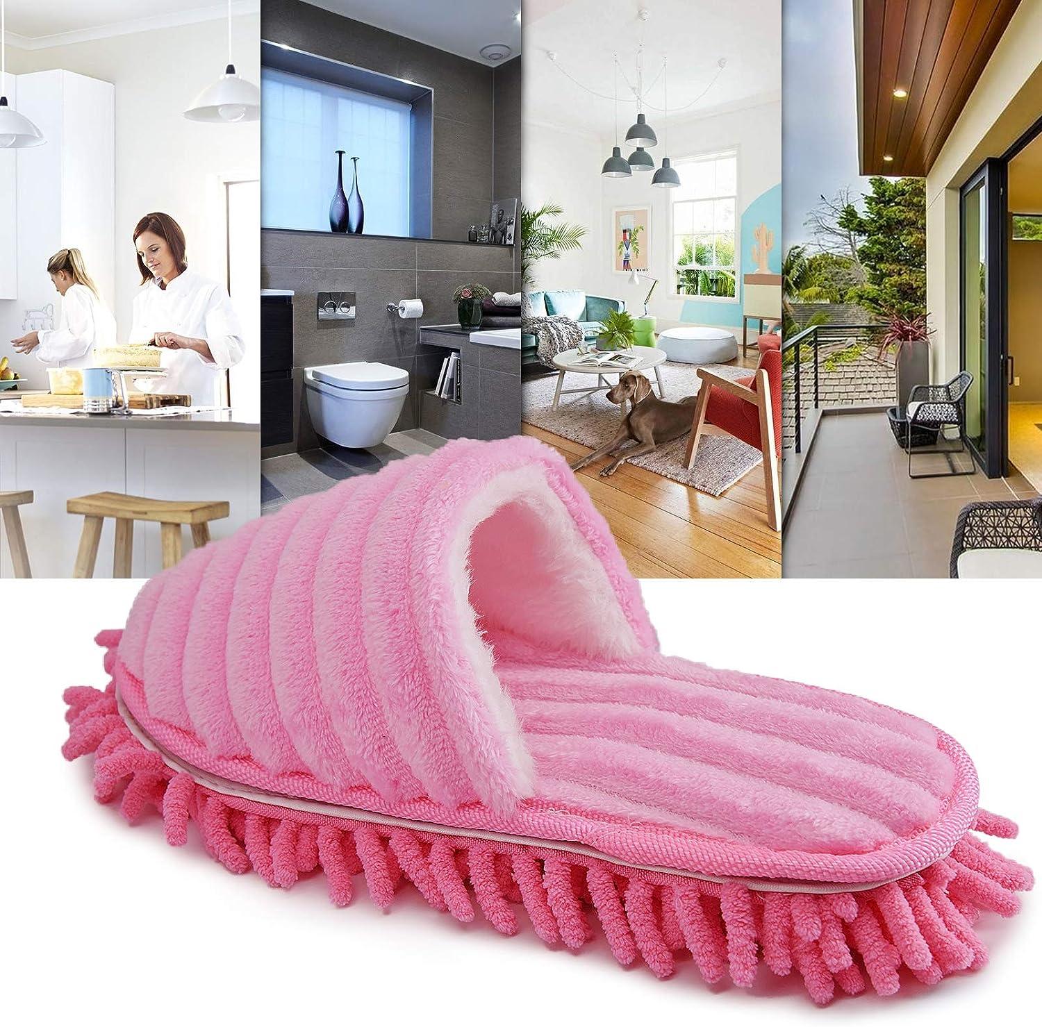 Onmygogo Microfiber Vloerreiniging Slippers met Terry handdoek stof, Stof Dweil Slippers voor Vrouwen, roze, 5/7 UK