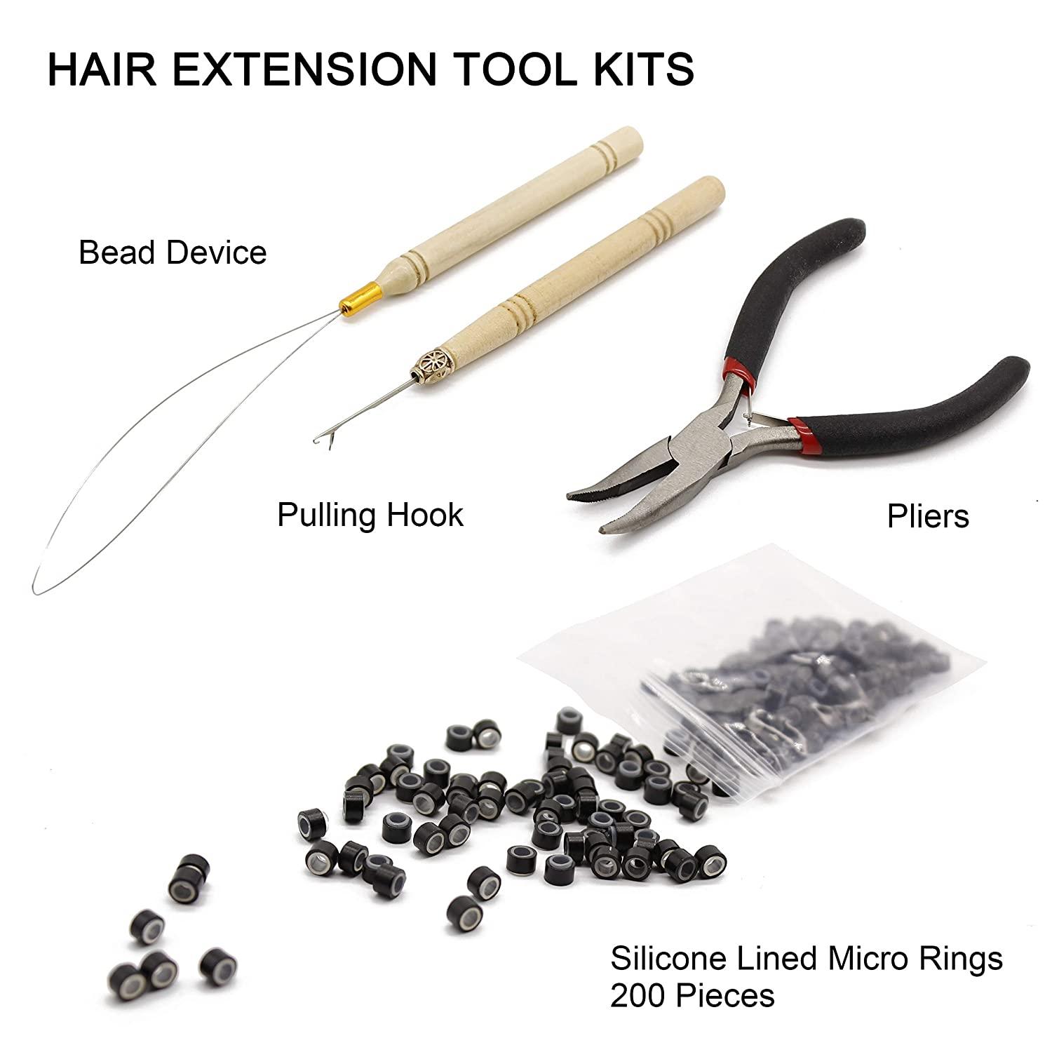 Professional Hair Extension Kit Plier Plus Pulling Hook Bead Device and  Loop Needle Tool Kits with 200 Pieces Silicone Lined Micro Rings, 10 Pcs  Feather Hair, 120 Strands Tinsel Hair (Light Brown)