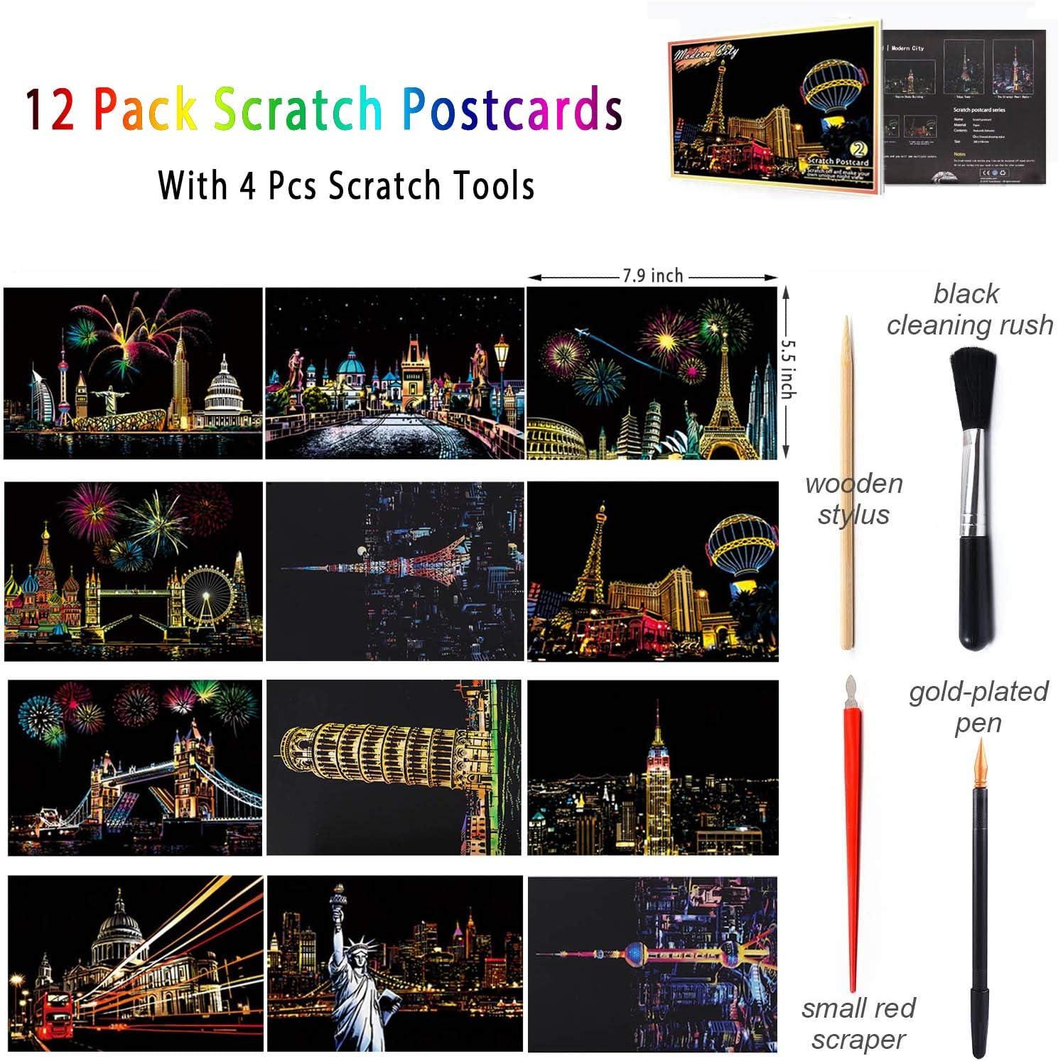 Magic Scratch Postcards Rainbow Scratch Painting Paper DIY Mini  Scratchboard Off Doodle Note Art Craft with 4 Tools for Kid and Adult 12pcs  7.9''x5.5'' 12 Pack Postcards