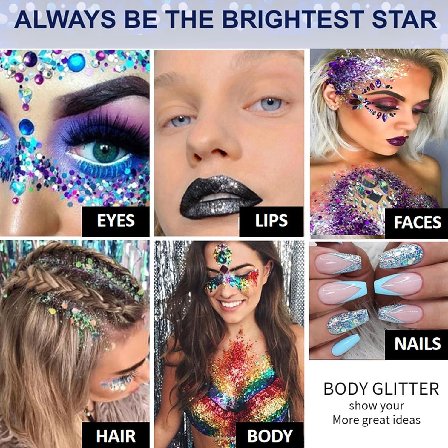 MIELIKKI Glitter Gel for Face & Body Self-Adhesive Sequins Glitter Face  Paint Sparkling Holographic Chunky Body Glitter DIY at Home Perfect for  Party Rave Festival 02 02