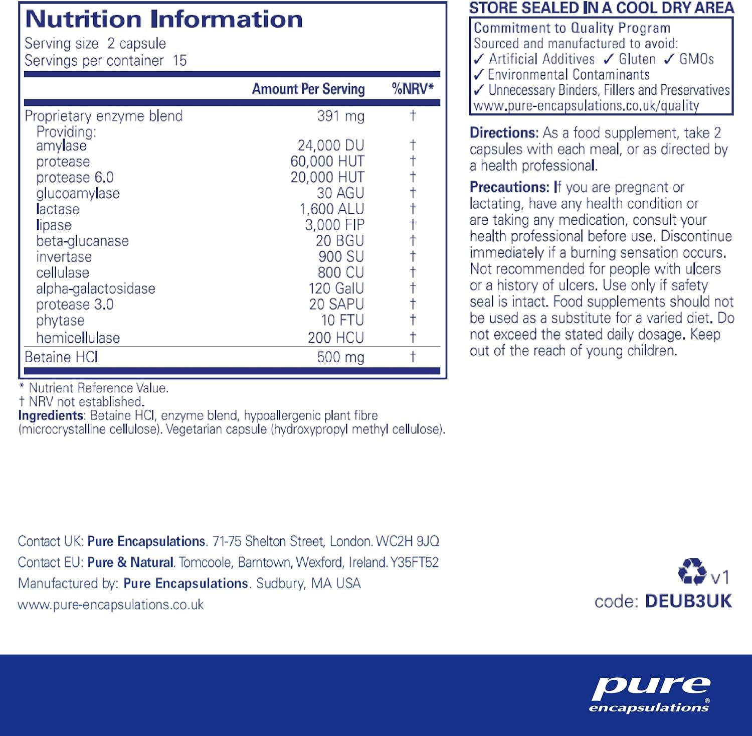 Pure Encapsulations Digestive Enzymes Ultra with Betaine HCl 30