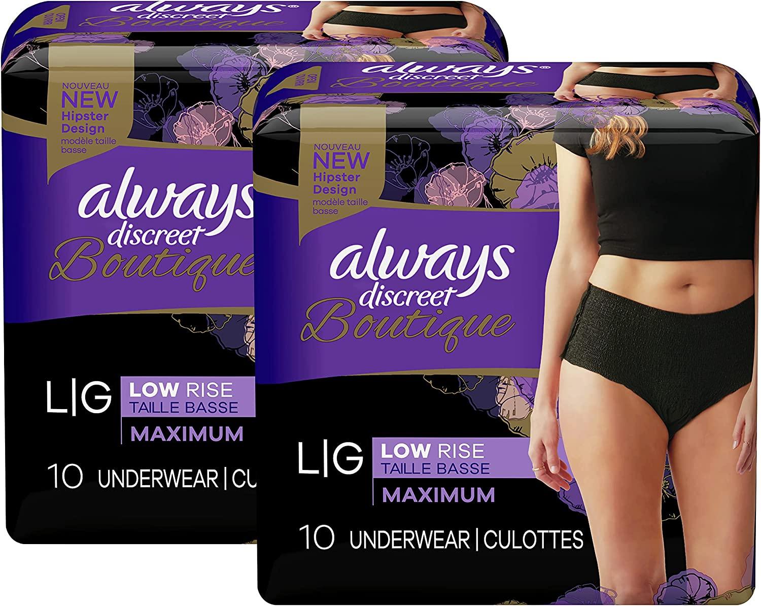 Always Discreet Boutique, Incontinence & Postpartum Underwear For Women,  Low-Rise, Size Large, Black, Maximum Absorbency, Disposable, 20 Count Black  Low Rise Large (20 Count)