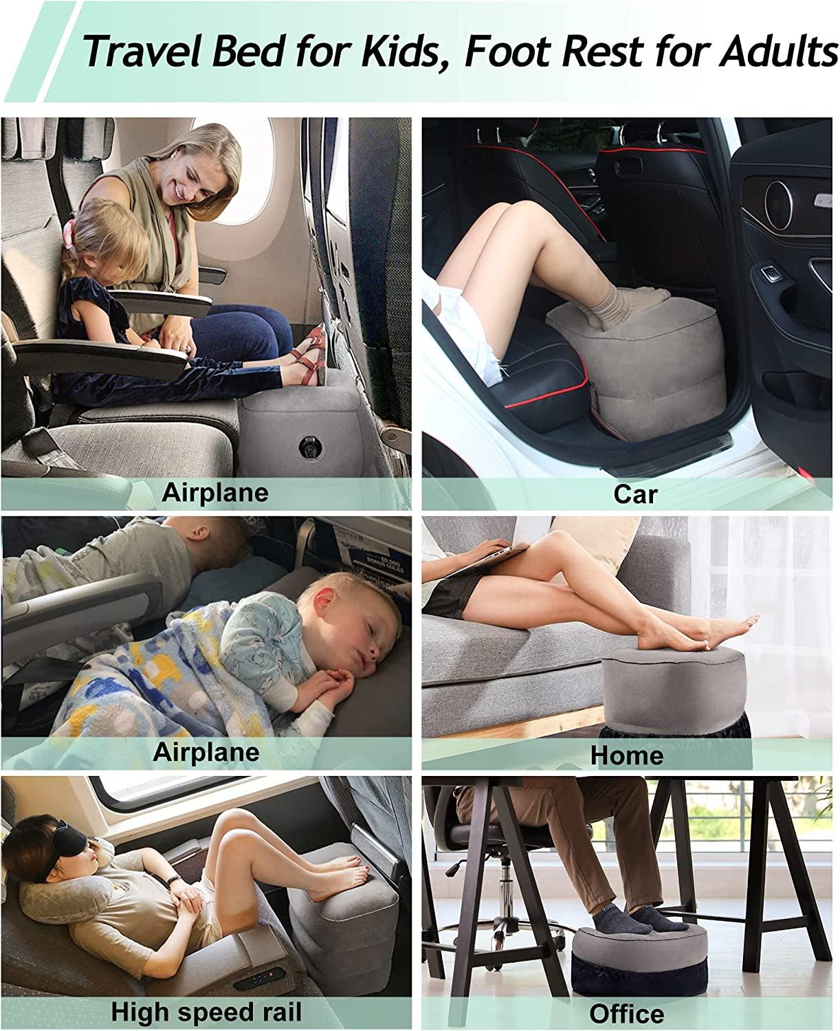 JefDiee Inflatable Travel Foot Rest Pillow, Kids Airplane Bed, Adjustable 3  Layers Height Leg Rest Pillow, Adults Travel Essentials Great for Airplane,  Office, Home, Trains, Cars (2 Pack) Grey-2pack