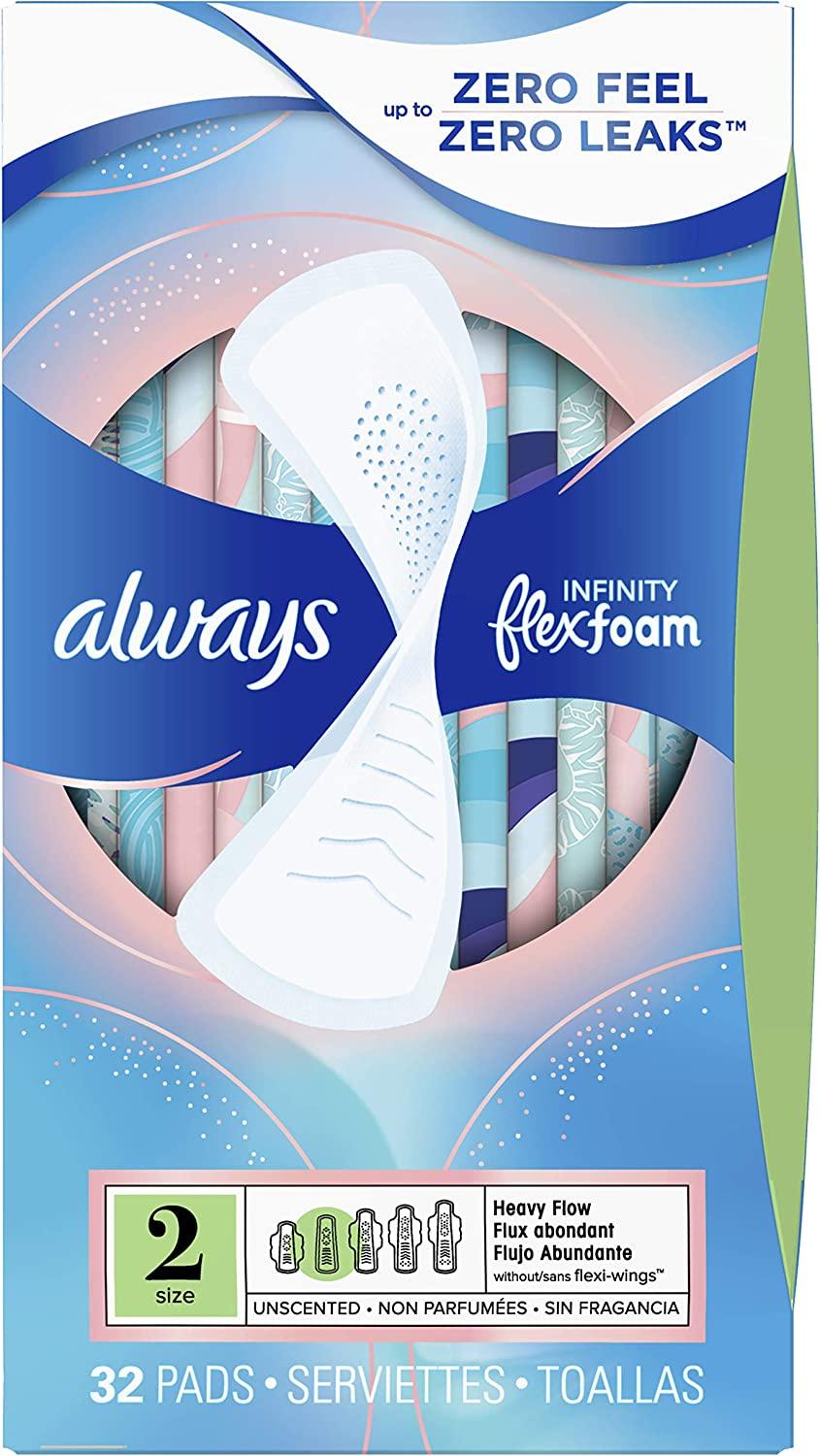 Always Infinity Feminine Pads for Women, Size 2 Heavy Flow  Absorbency,Multipack, with Flexfoam, with Wings, Unscented, 32 Count X 3  Packs (96 Count Total) 32 Count (Pack of 3)