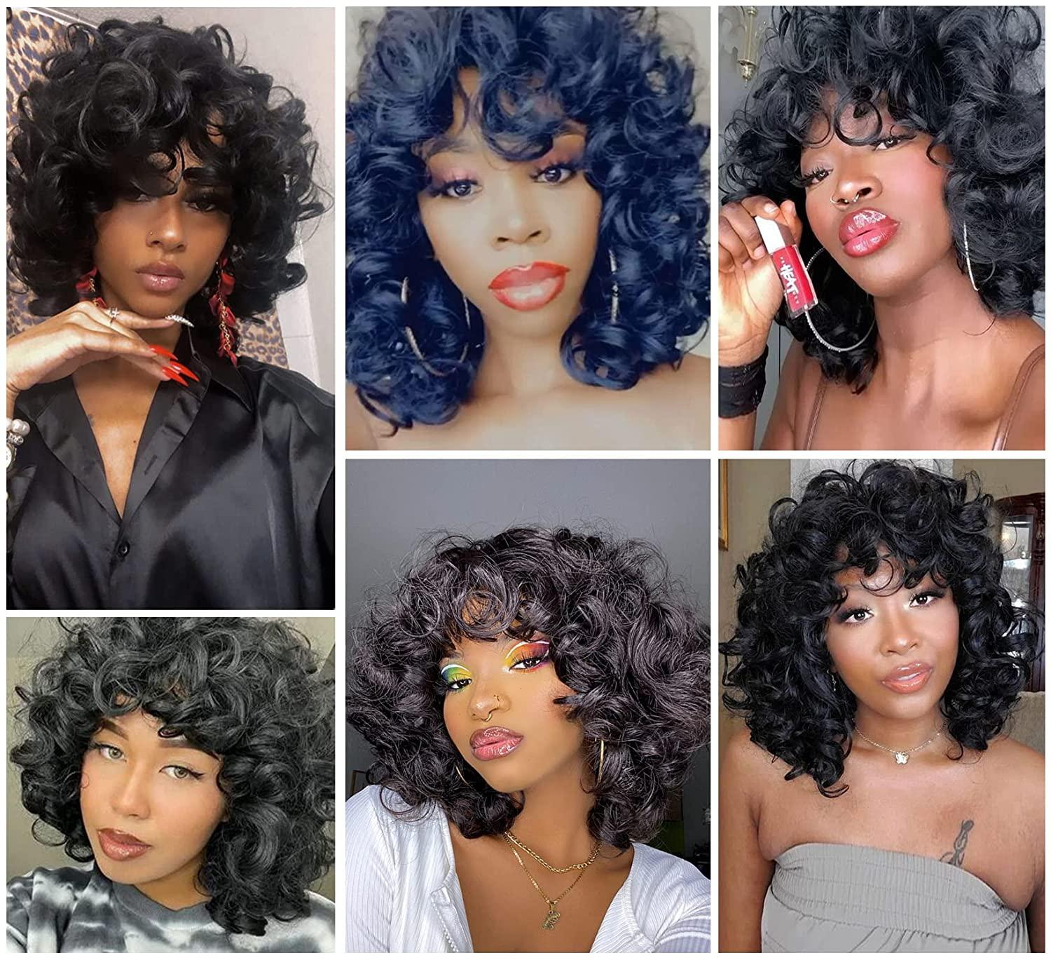 KEAT Short Wigs for Black Women Curly Afro Kinky Wavy Wig with Bangs Black  Natural Looking Synthetic Hair Replacement Wigs Heat Resistant for Daily  Party 14 Inch K001BKA