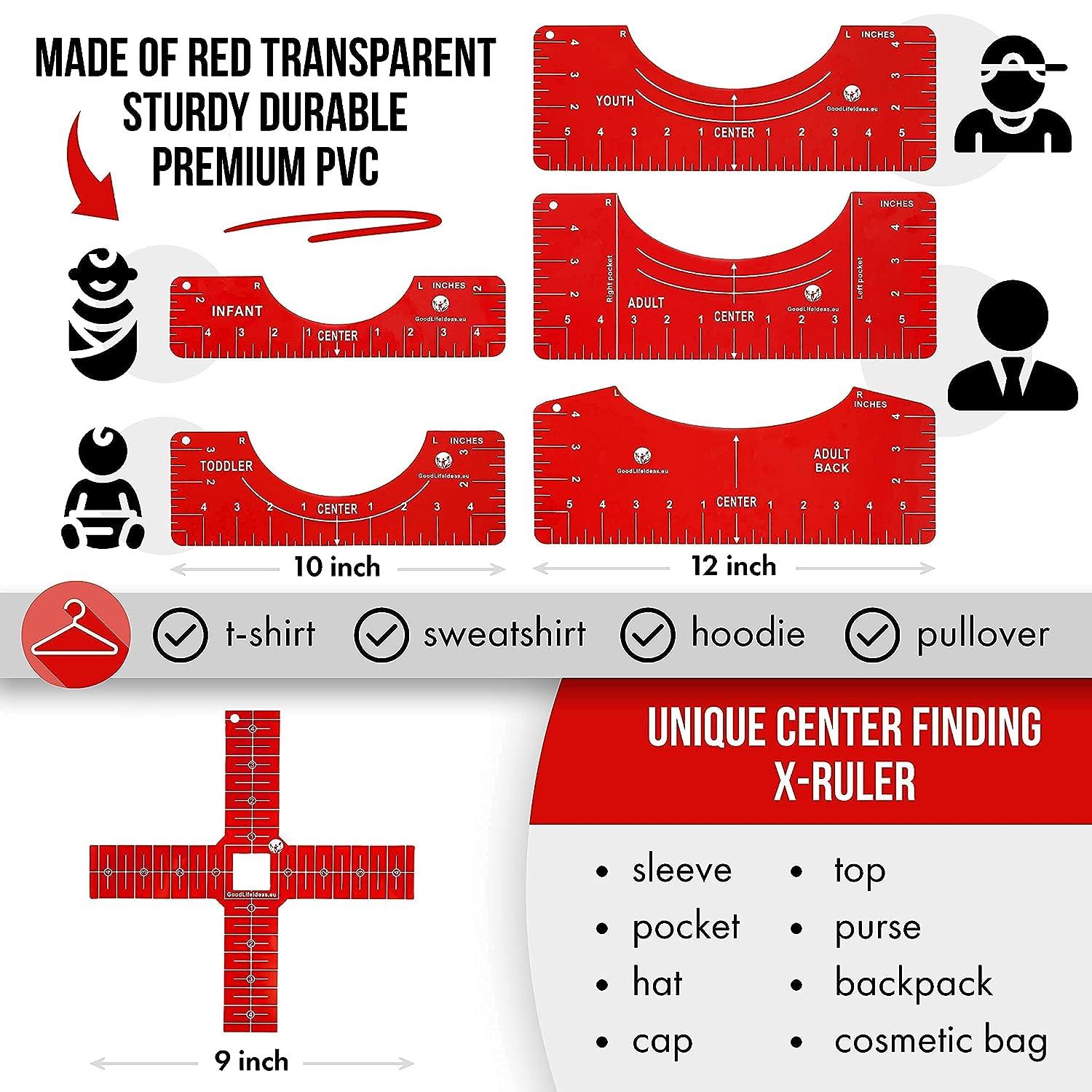 Good Life Ideas Tshirt Ruler Guide for Vinyl Alignment - T-Shirt  Measurement Tool Heat Press to Center Designs, Easy tee Centering Tool, t  Shirt aligning kit 7pcs, Red, Gray, White, Black, 12