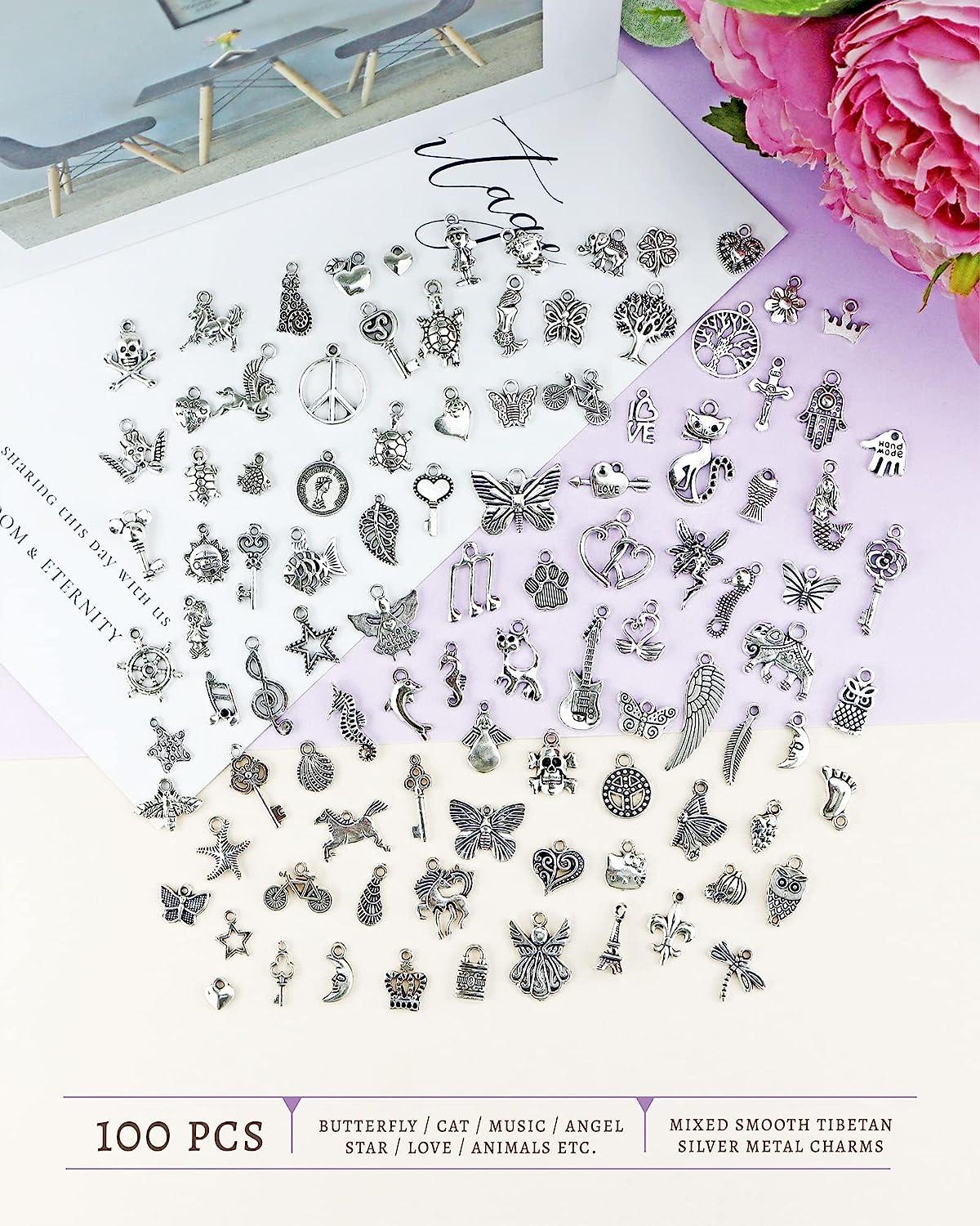100Pcs Silver Charms for Jewelry Making Wholesale Bulk Tibetan Silver Charm  Pendants for DIY Necklace Bracelet Earring Craft Supplies