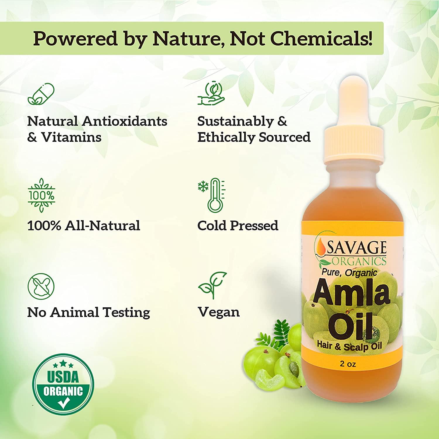 Organic Amla Oil by Savage Organics – 100% Pure Cold Pressed Hair Oil,  Beard Oil, Indian Gooseberry Hair Growth & Scalp Oil 2 oz OR 4 oz Value  Size in Glass Bottle