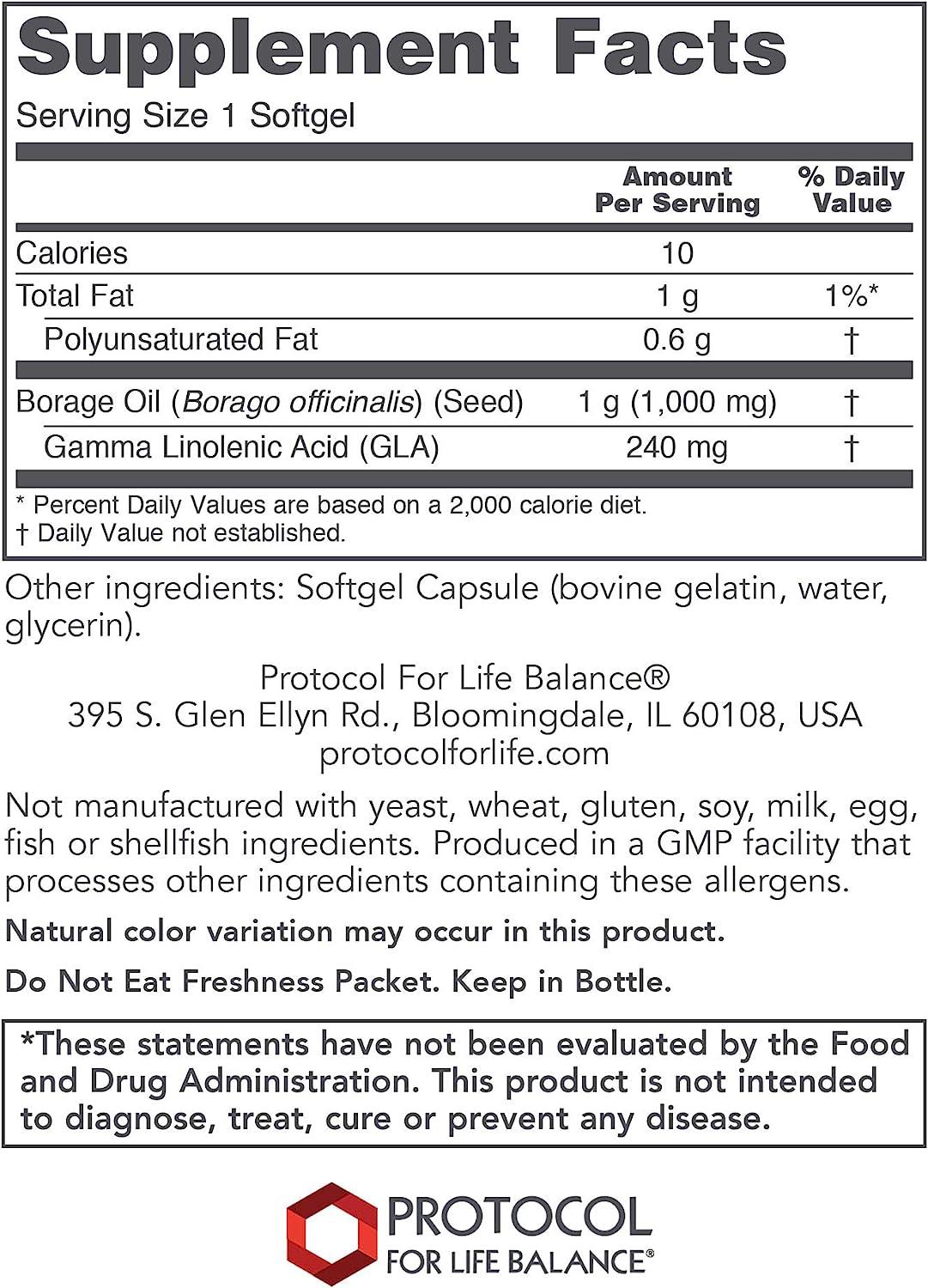 PROTOCOL FOR LIFE BALANCE Borage/GLA 1,000 mg Rich in Omega6 Fatty