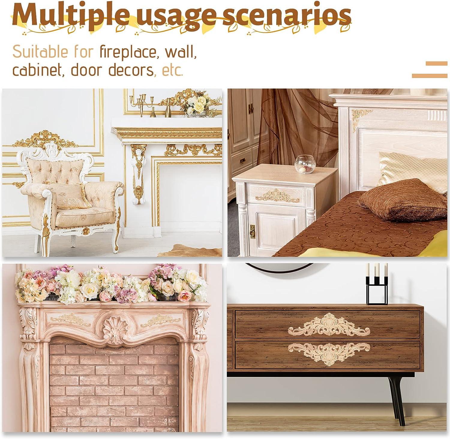 Decorative Mouldings Wood Carving Appliqué Corner Inlay, 4 Pieces Rubber Wood  Carved Corner Appliqué DIY Wooden Appliqué And Furniture Inlay, Wood  Carving Inlay Bed Door Cabinet Wardrobe Furniture Decoration[12*12 Wood  Mouldings Decorative, image size:1500x1464