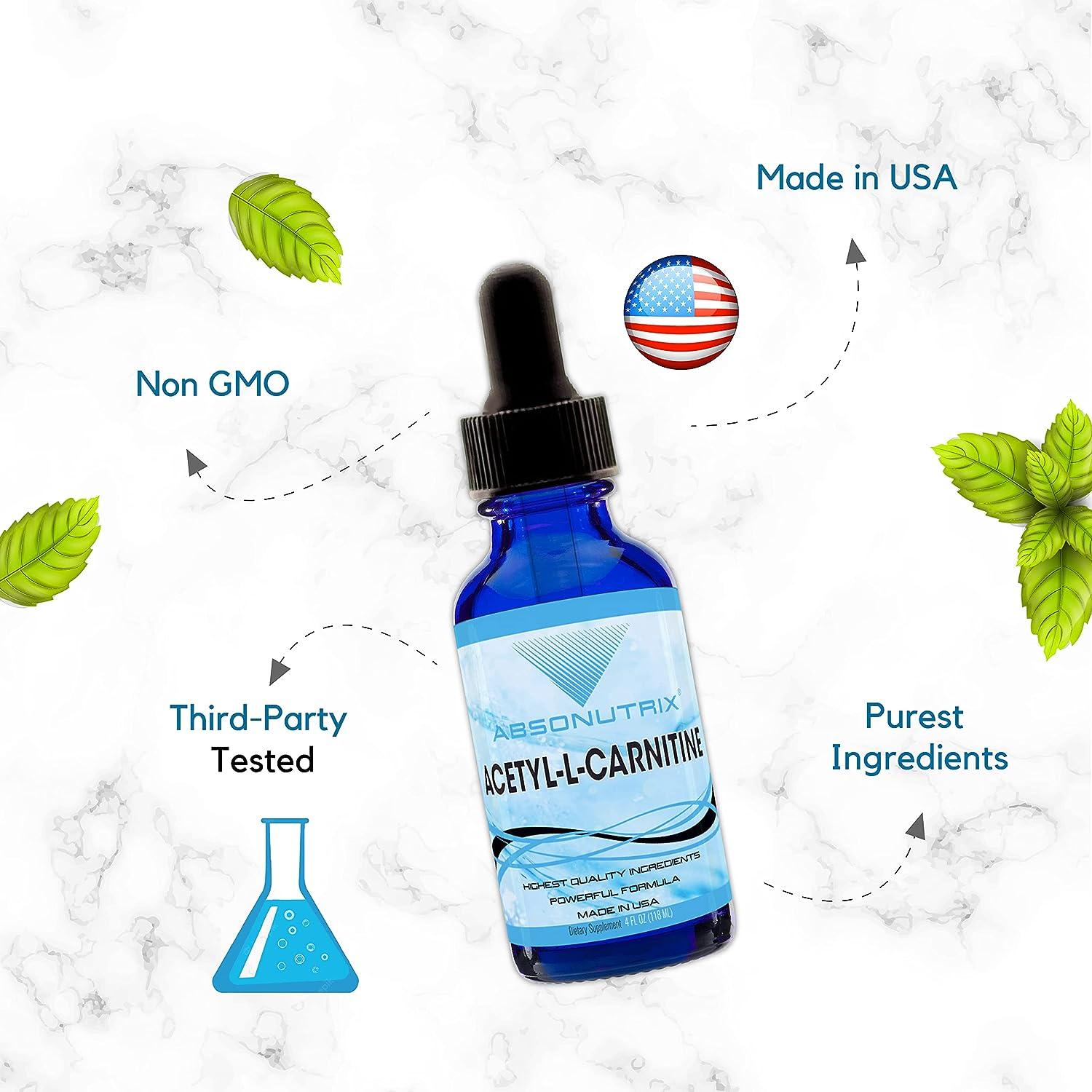 Absonutrix Acetyl L-Carnitine Liquid Drops - 593mg/Serving, 200 Servings,  Quick Absorption, Gluten-Free, Non-GMO - GMP-Certified, Third-Party Tested,  Made in USA | Buy Now with Express International Delivery