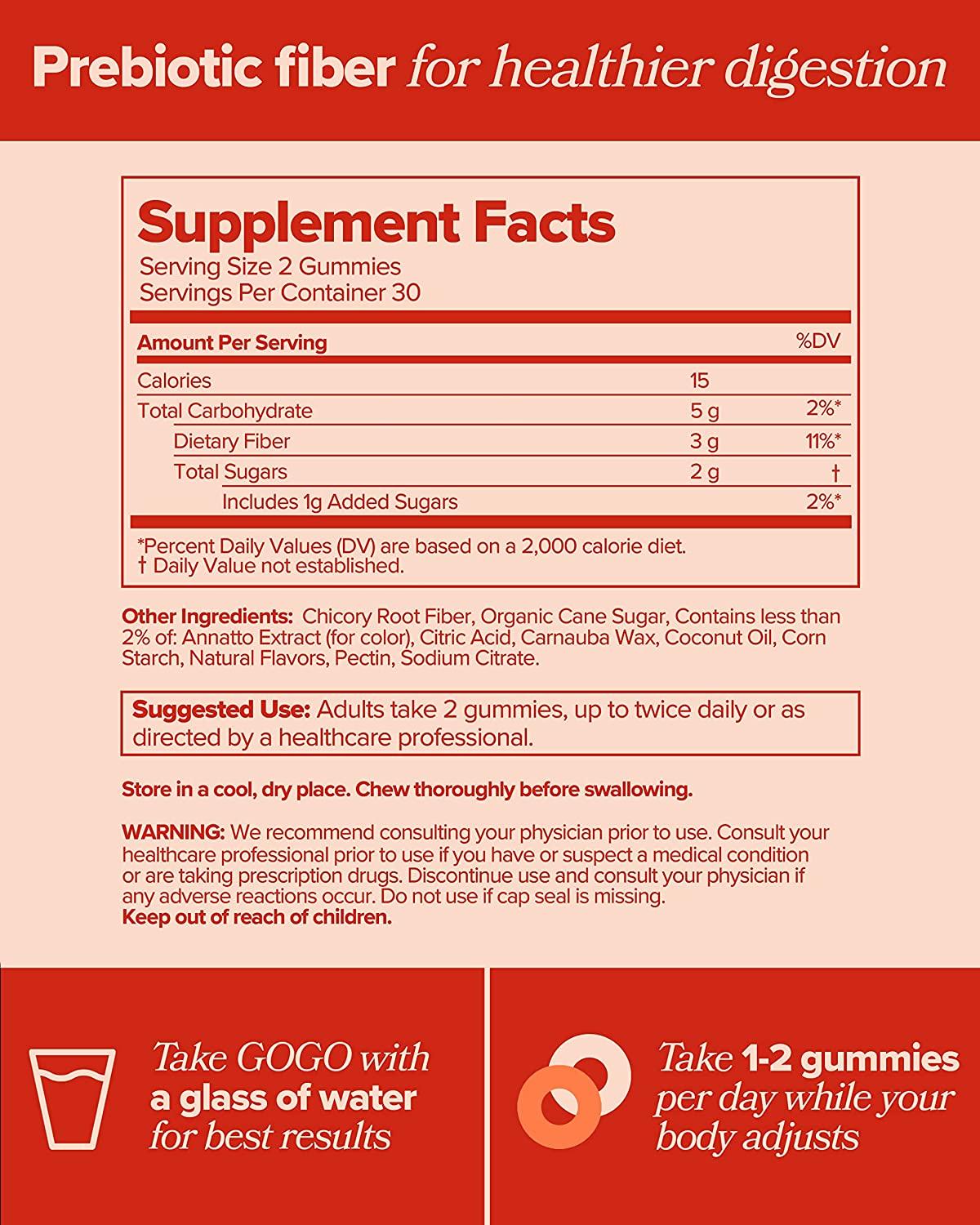 GOGO Fiber Gummies for Adults Prebiotic Chicory Root Inulin Fiber