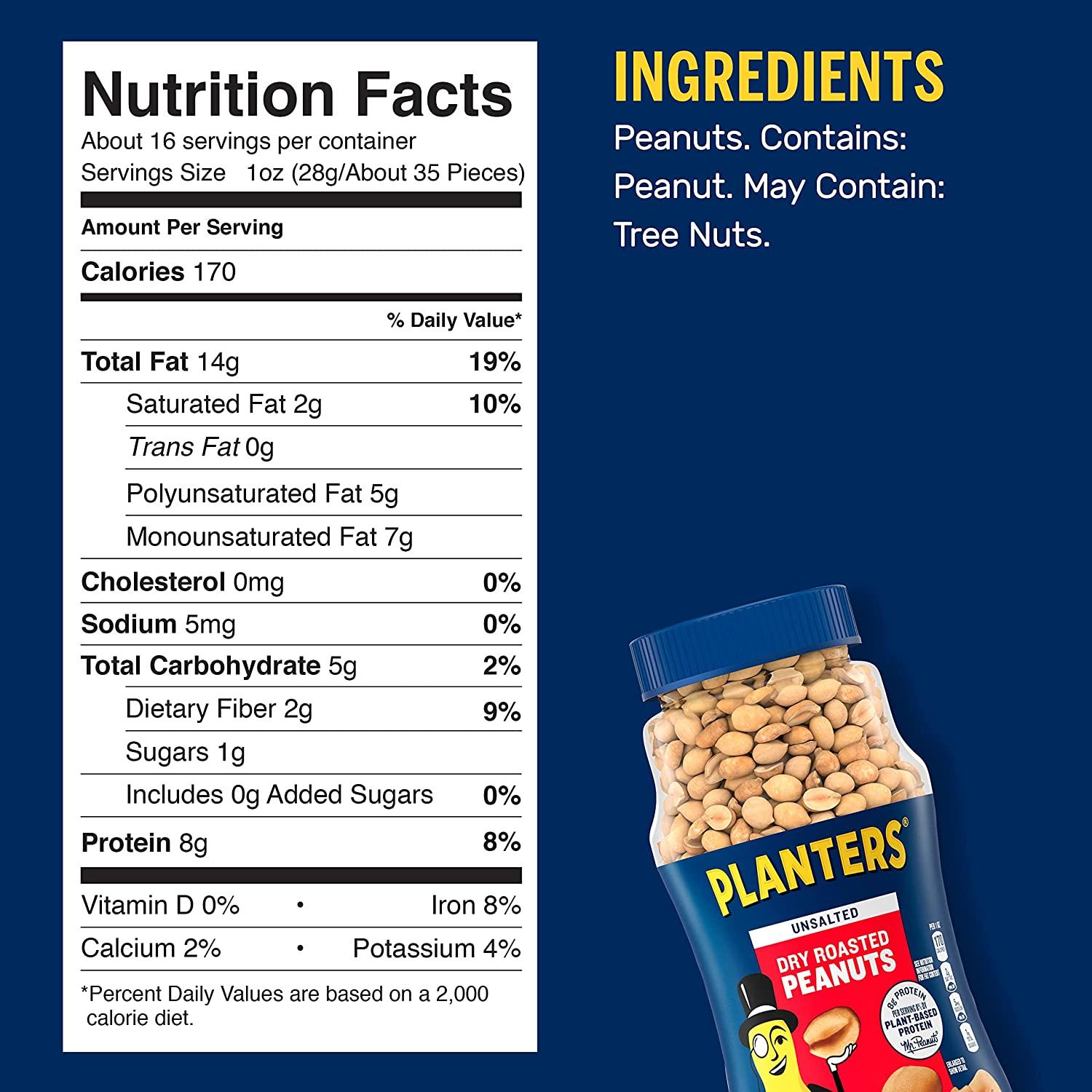 Planters Unsalted Dry Roasted Peanuts (16 oz Jar) Unsalted 1 Pound (Pack of 1)