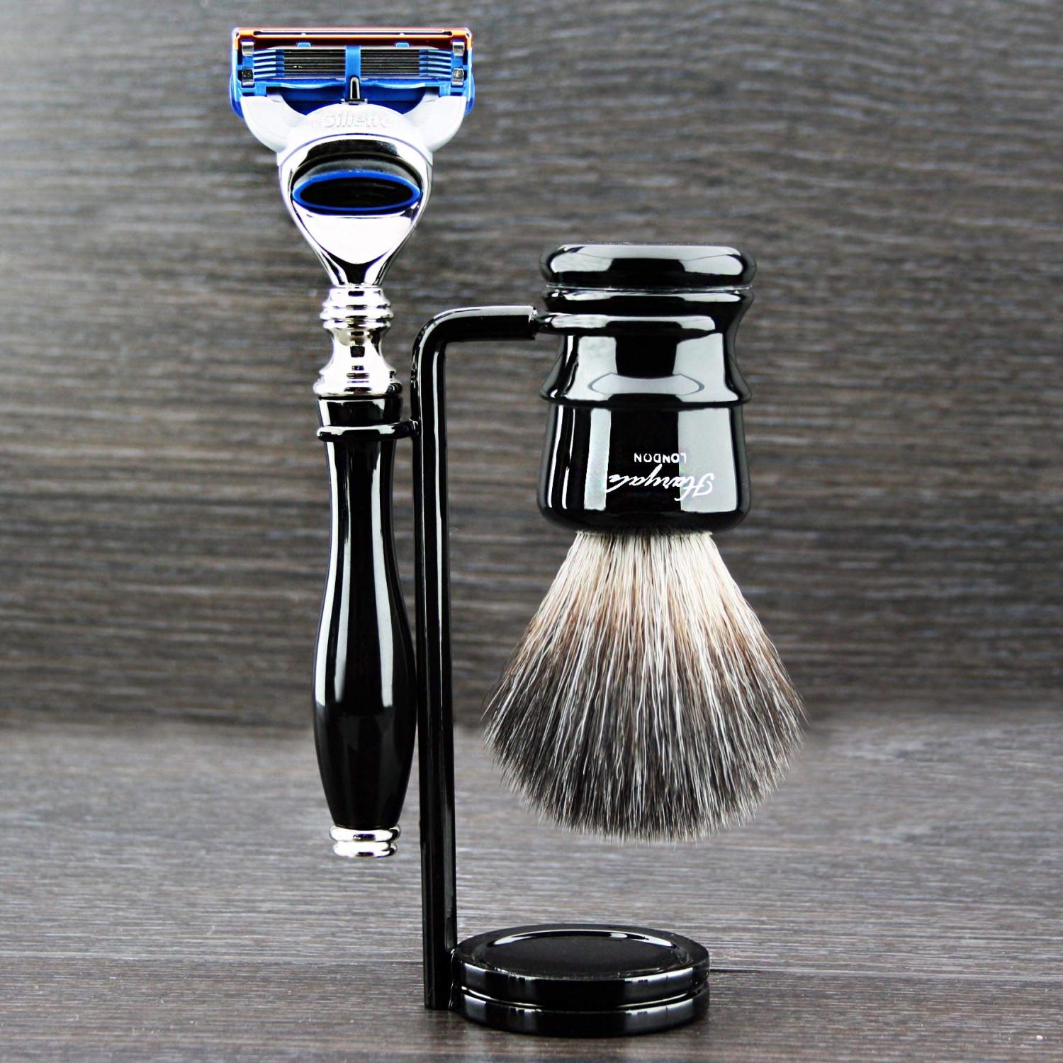 Premium Black Shaving Set - Synthetic Hair Brush & 5 Interchangeable ...