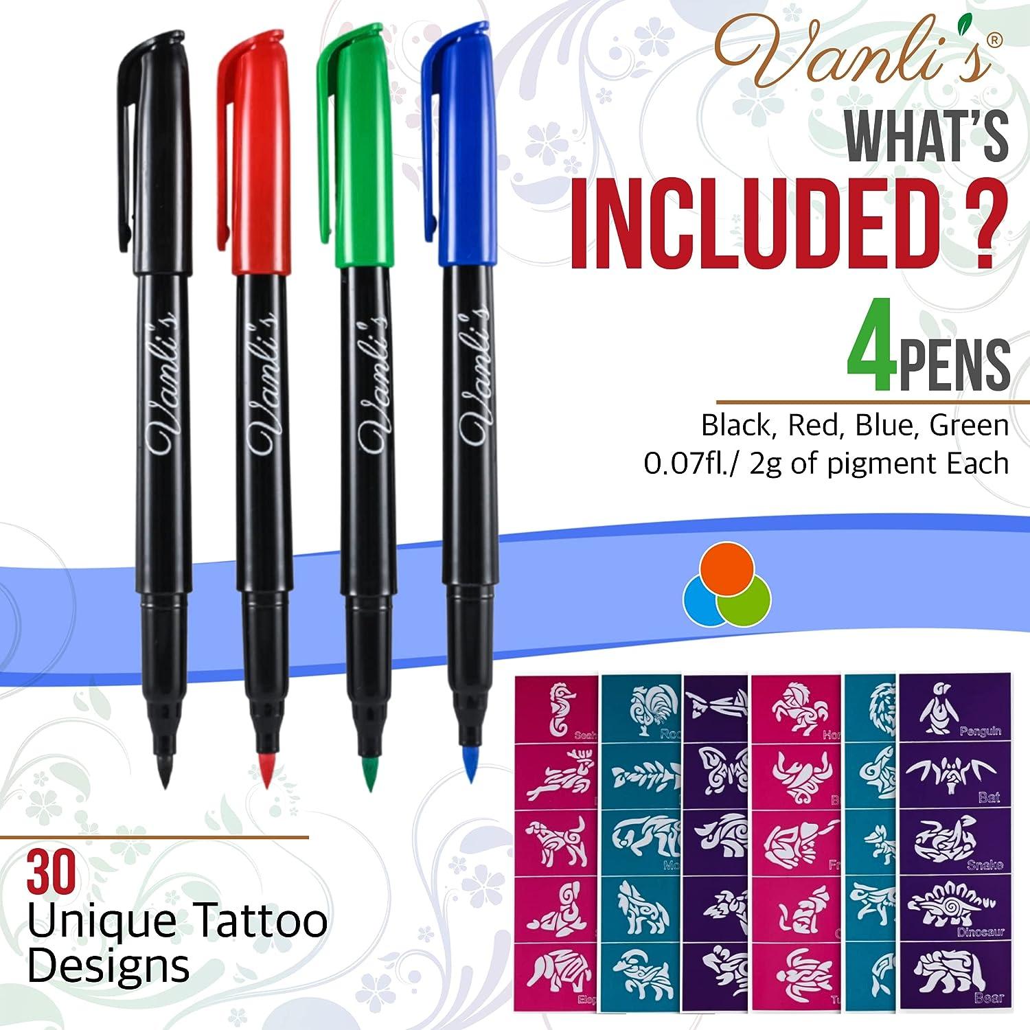 Vanli's Temporary Tattoo Markers - Stocking Stuffers For Teens Kids Adults  Trendy Tattoo Kit Skin Safe & Colored Ink Tattoo Pens for Body & Face Art  with 30 Tattoo Stencil Papers 4 Pens-Bold