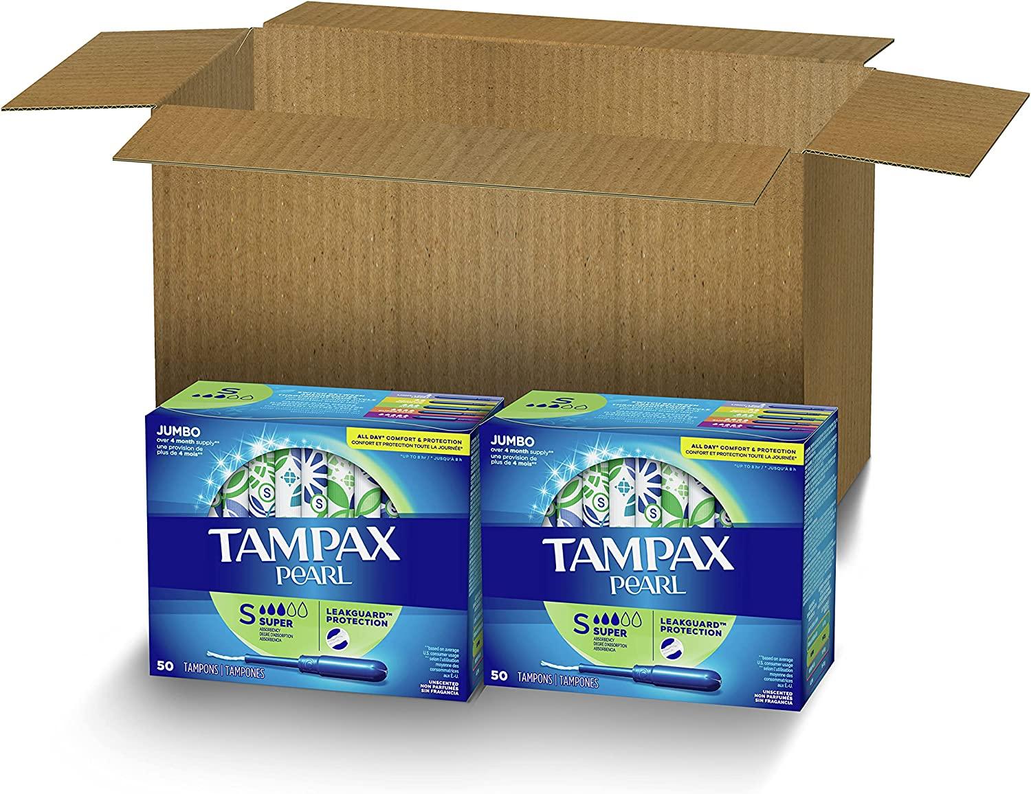 Tampax Pearl Tampons Super AbsorbencyWith Leakguard Braid Unscented 50 Count  X 2 Packs (100 Count Total) NEW