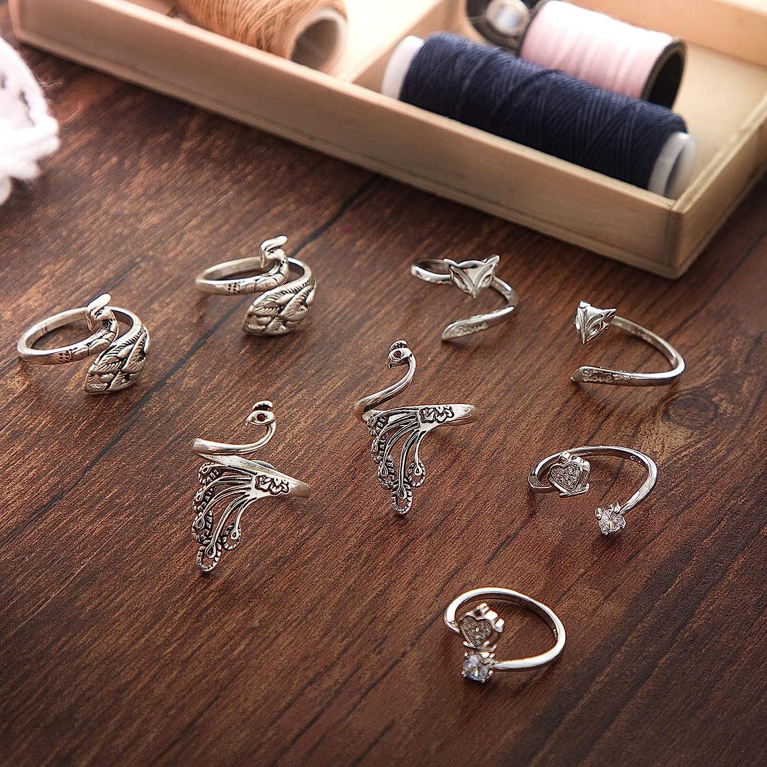 6 Pieces Knitting Loop Crochet Ring Adjustable Knitting Loop Ring Peacock  Open Finger Ring Thimble Metal Yarn Guide Finger Holder for Quilting Sewing