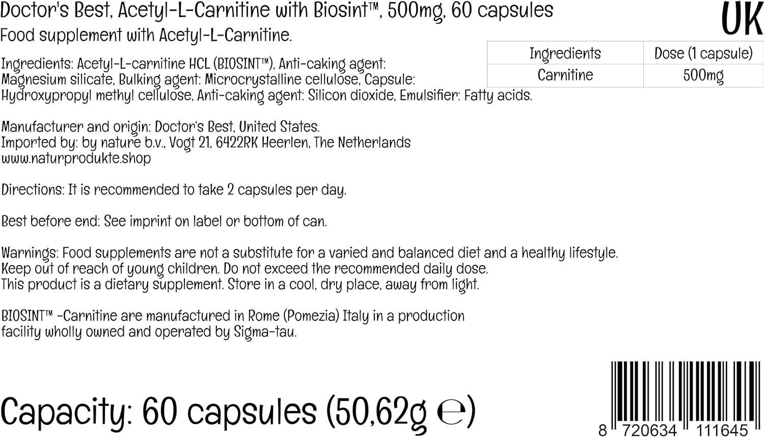 Doctor's Best Acetyl-L-Carnitine 500mg 60 Vegan Capsules - Laboratory  Tested, Gluten-Free, SOYA-Free, Vegetarian, Non-GMO | Buy Now with Express  International Delivery | GoSupps.com