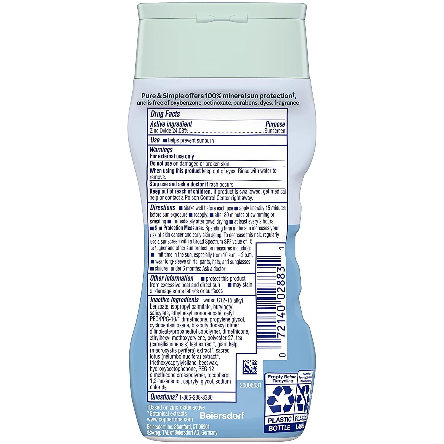 Coppertone Pure and Simple Sunscreen Lotion, Zinc Oxide Mineral