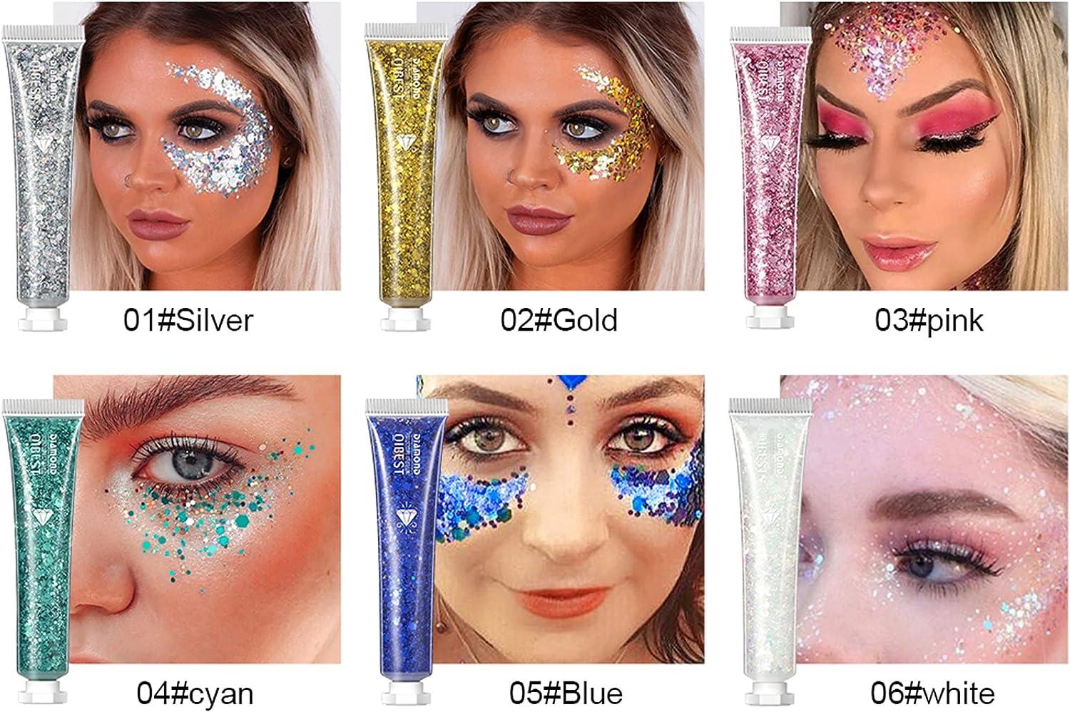 DELISOUL Body Glitter Gel Mermaid Sequins Chunky Face Glitter Liquid  Shimmery Face Glitter Makeup for Face Body Hair Nail Quick-Drying  Long-Lasting for Rave Festival Prom Music Party Stage Makeup 01 White