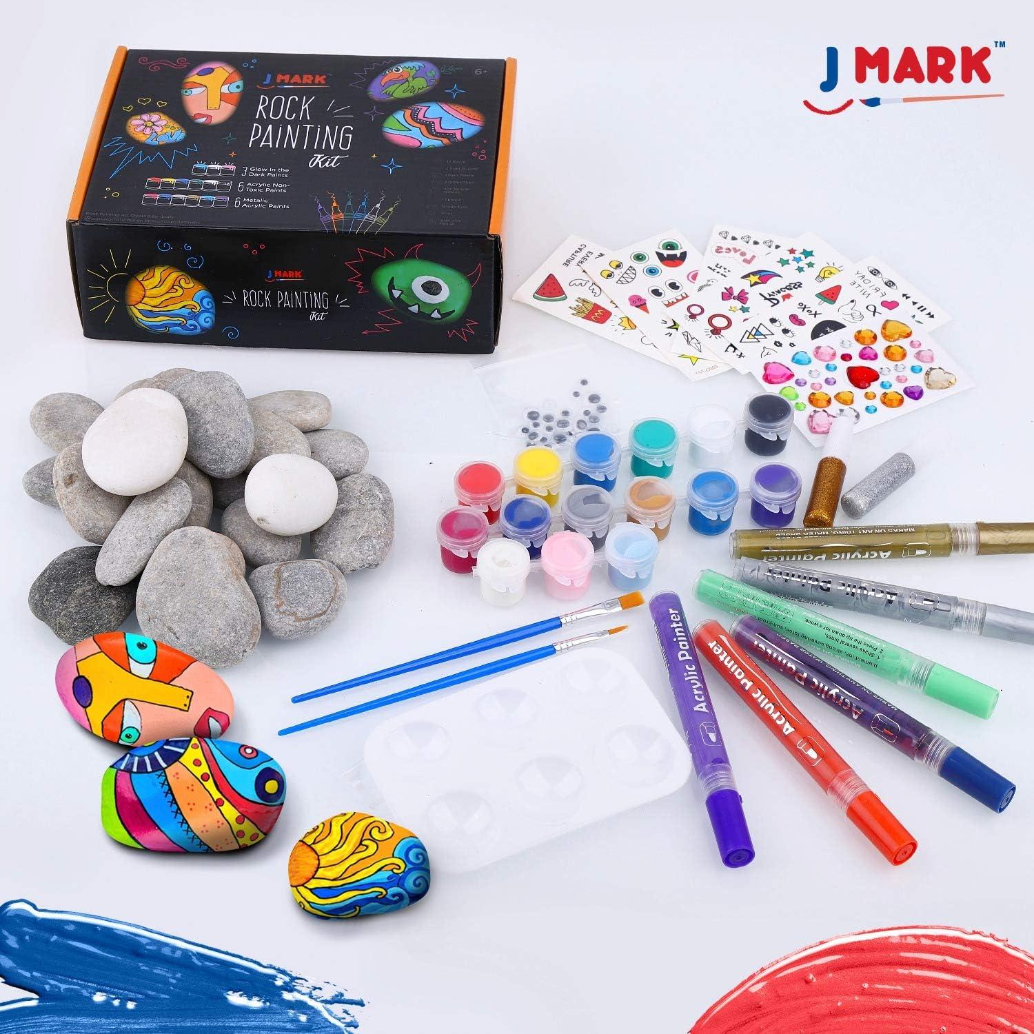 J MARK Premium Rock Painting Kit - 42 Piece Rock Paint Bundle- Rocks  Acrylic Paint Markers Glow in The Dark Metallic and Acrylic Paints Transfer  Stickers Gems Googly Eyes Glitter Glues Palette