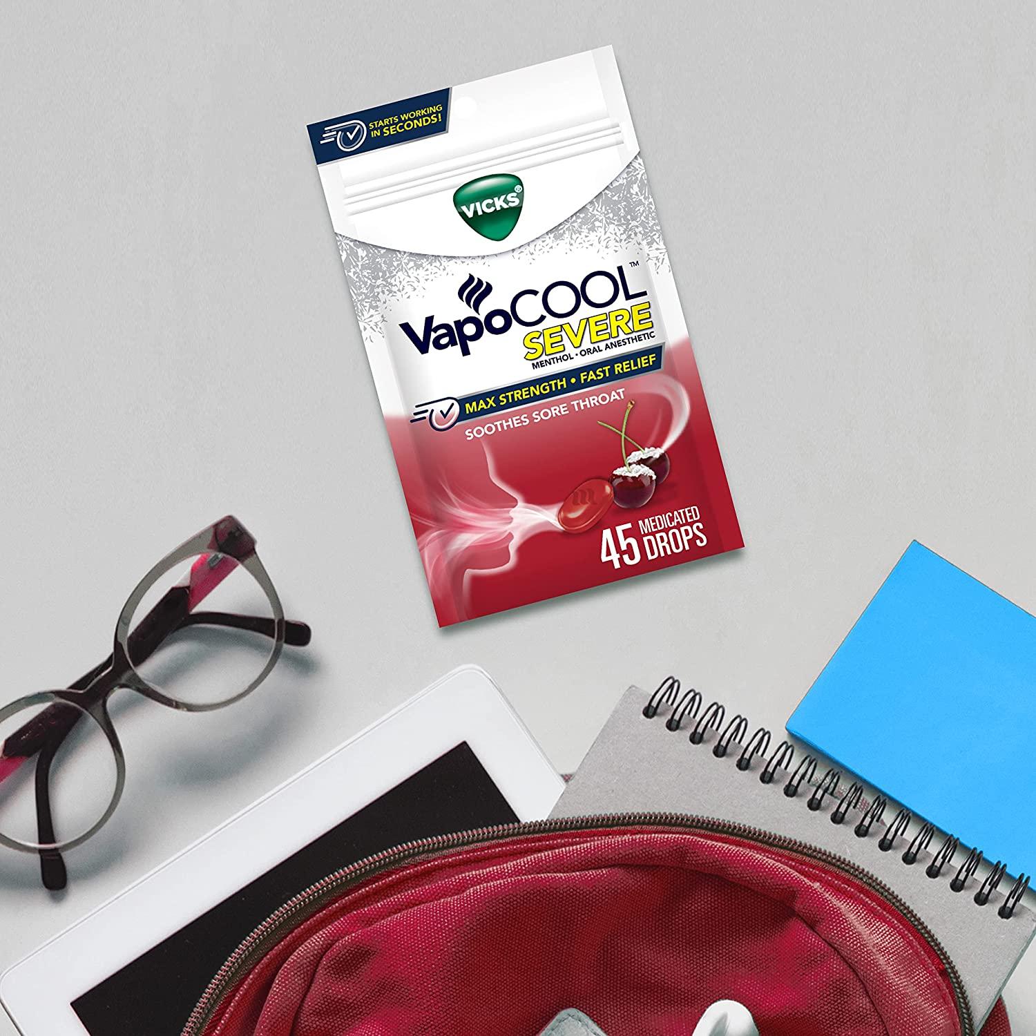 Vicks VapoCOOL Severe, Medicated Drops, Soothes Sore Throat Pain Caused by Cough, Cherry Freeze
