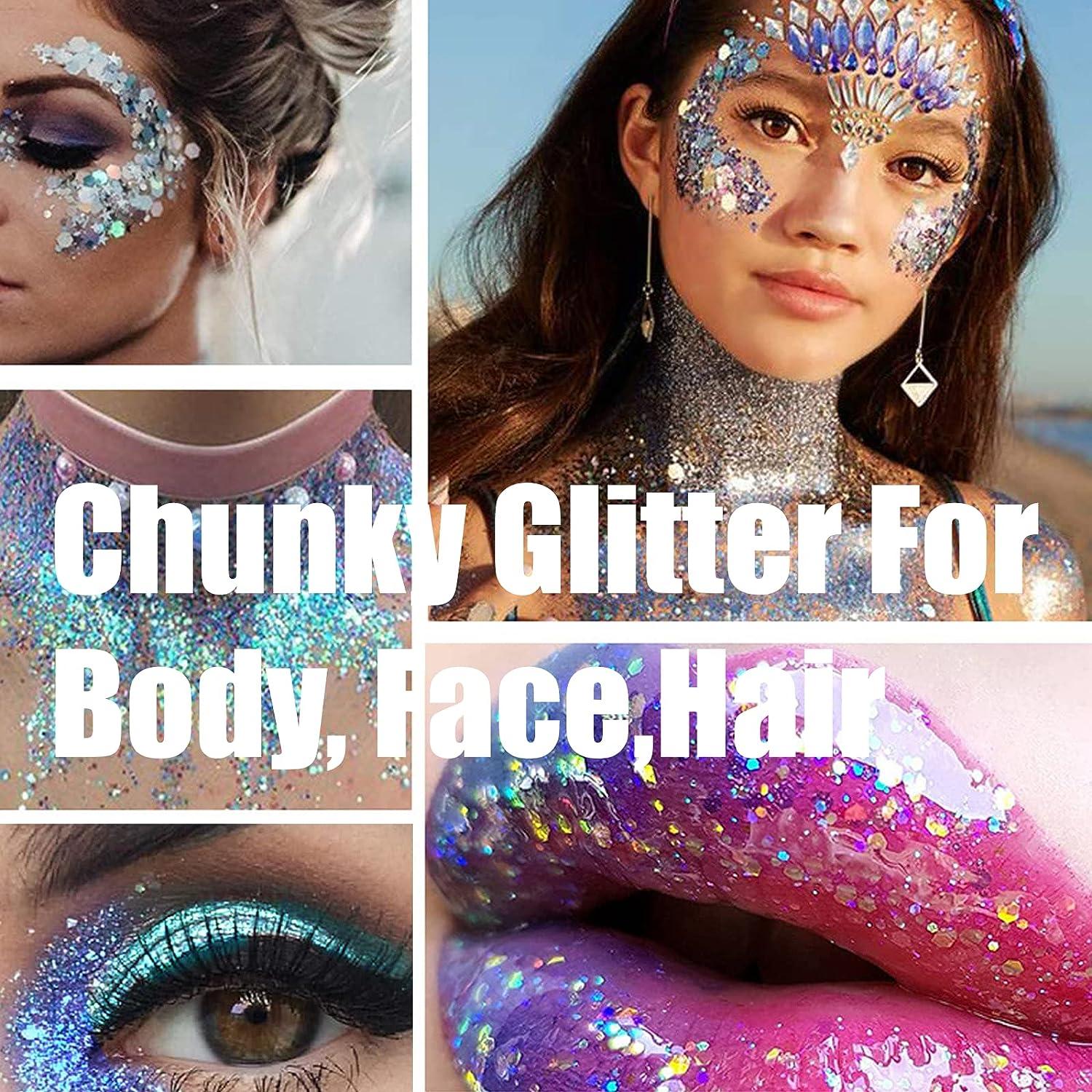 Body Glitter Holographic Chunky Glitter Gel for Festival Halloween Make-up Face  Glitter Liquid Hair Glitter for Women and Kids Easy to Use No Need Glue  Silver Glitter