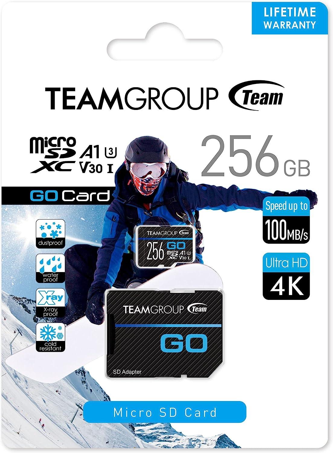 TEAMGROUP GO Card 256GB Micro SDXC UHS-I U3 V30 4K for GoPro & Drone &  Action Cameras High Speed Flash Memory Card with Adapter for Outdoor,  Sports, 4K Shooting, Nintendo-Switch TGUSDX256GU303