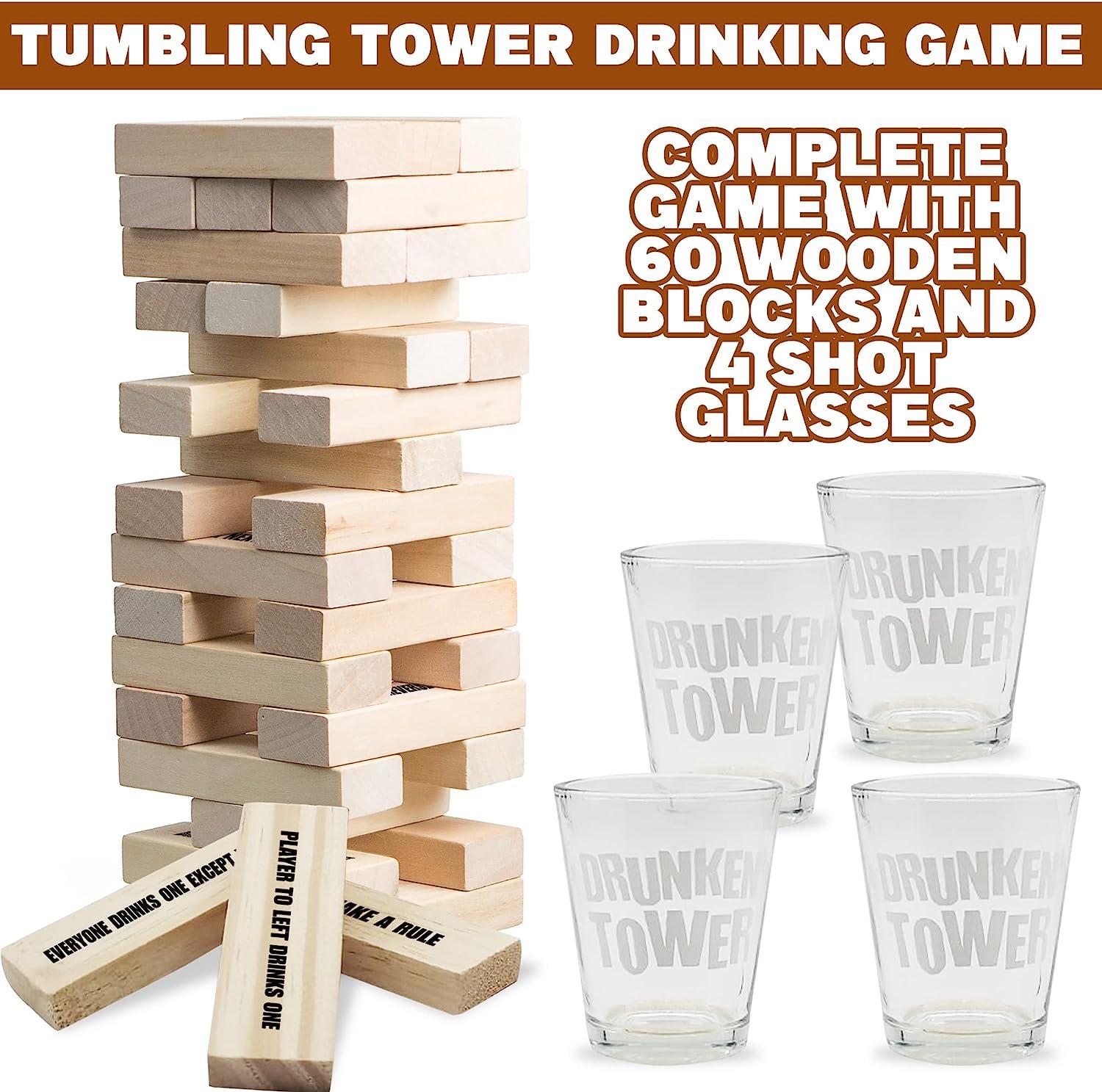 ArtCreativity Tumbling Tower Drinking Game, Drinking Game with 4 Glasses  and 60 Wooden Blocks with Challenges, Fun House Party Games for Game Night,  Great Gift Idea