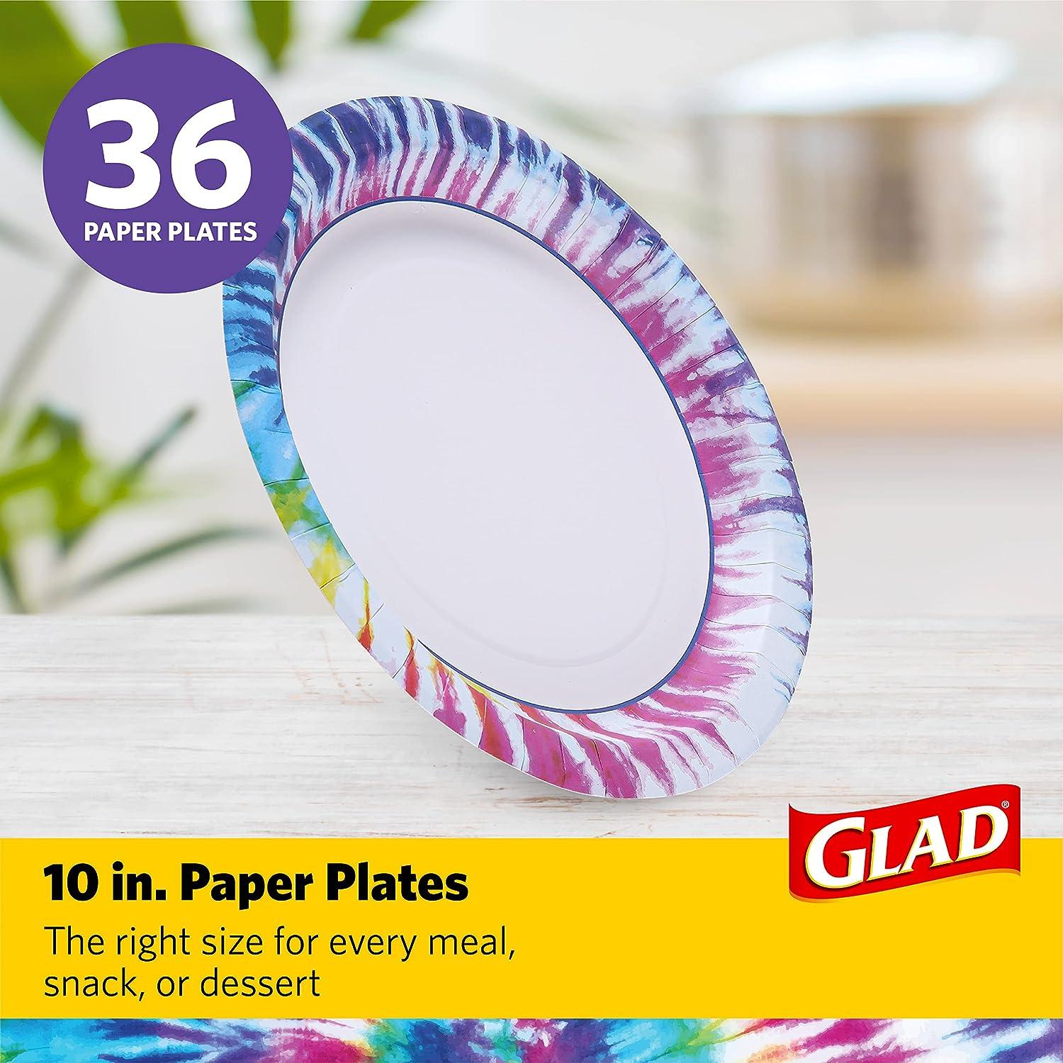 Glad Everyday Round Disposable 10 Paper Plates with Tie Dye Design