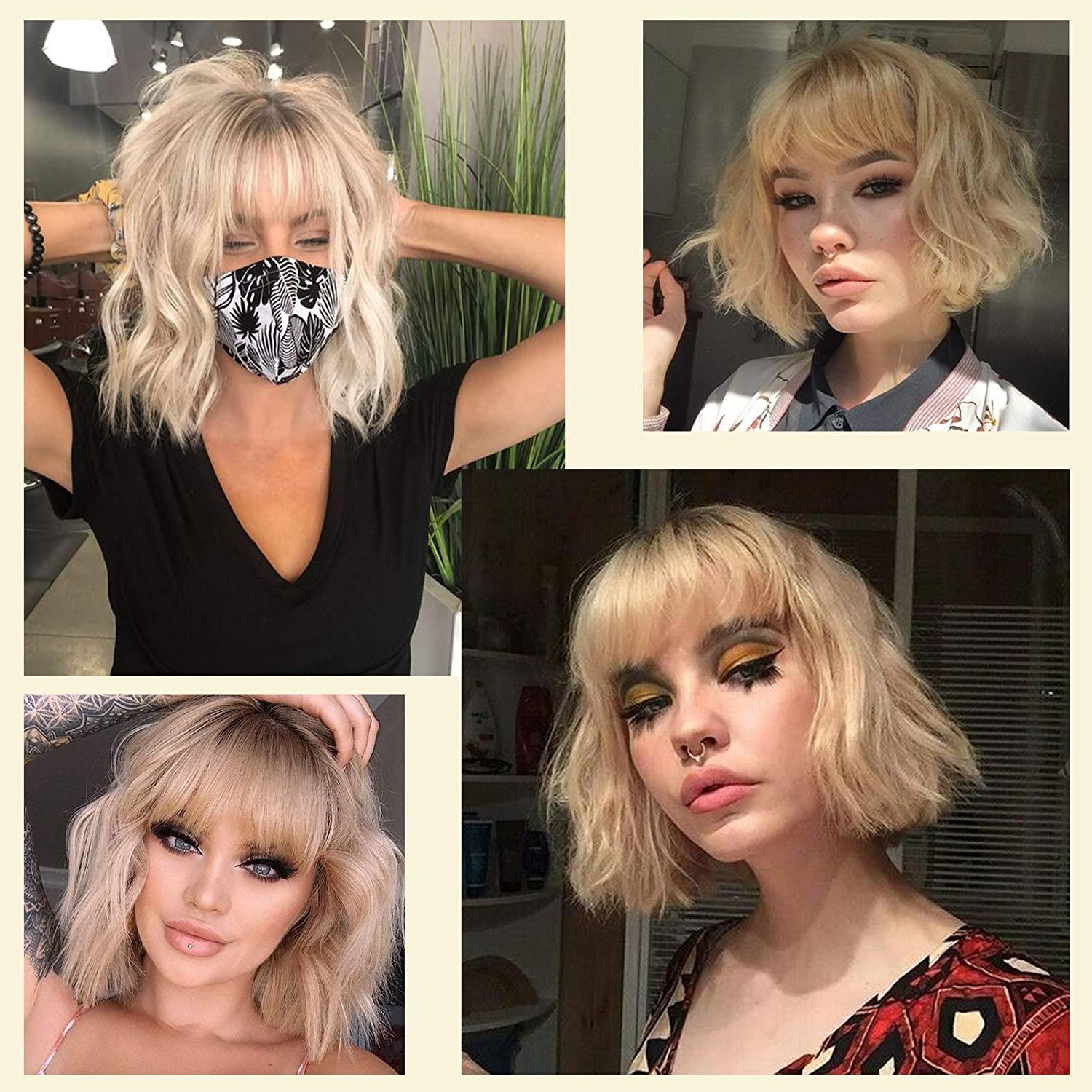 MISSQUEEN Short Ombre Blonde Wigs Wavy Bob Wig with Bangs Women s