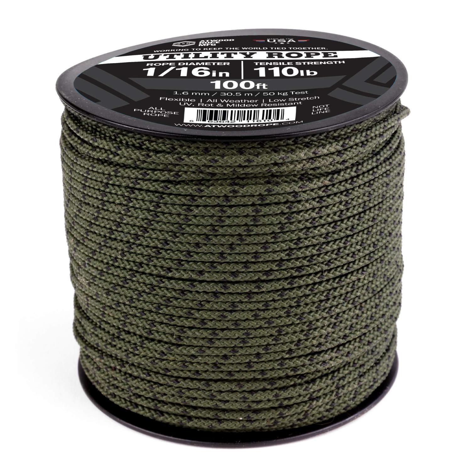 Atwood Rope MFG 1/16 Utility Cord 1.6mm x (Spool Length) Reusable Spool   Tactical Nylon/Polyester Fishing Gear, Jewelry Making, Camping Accessories  Camo 100.0 Feet