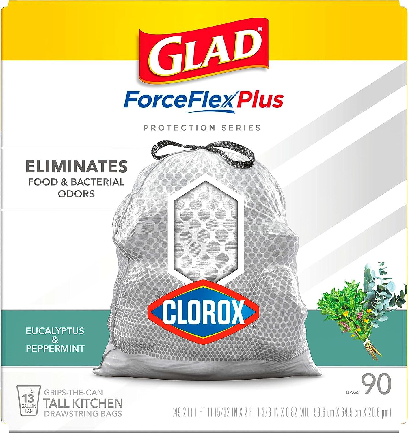 Glad Tall Kitchen Trash Bags ForceFlexPlus with Clorox, 13 Gallon,  Eucalyptus and Peppermint, 90 Count (Package May Vary)